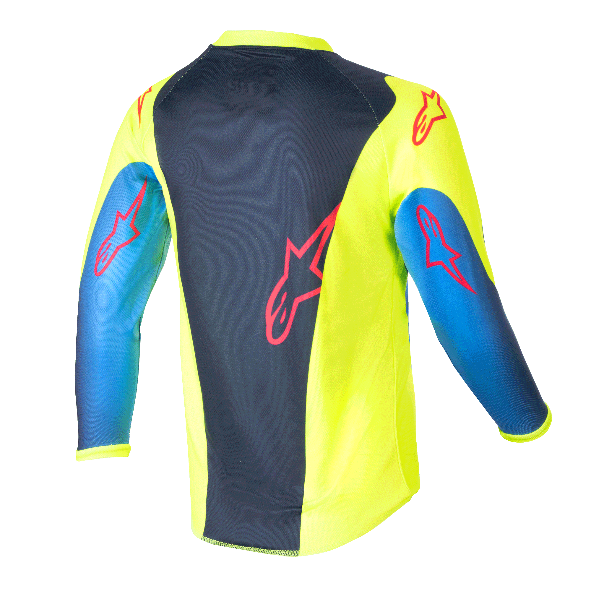 Alpinestars Kids 2024 Racer Graphic 1 Jersey, Motocross Jersey, Yellow Fluo and Blue Night Navy, Back View showing red star logos, vibrant design with navy center panel and yellow sides, lightweight poly-fabric for off-road riding