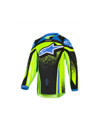 Alpinestars 2026 Kids Racer Nomur Jersey, Youth Motocross Long-Sleeve Jersey, Fluorescent Yellow and Black with Blue Accents, Large Blue Star Logo on Chest, Lightweight Moisture-Wicking Performance Fabric for Off-Road Riding