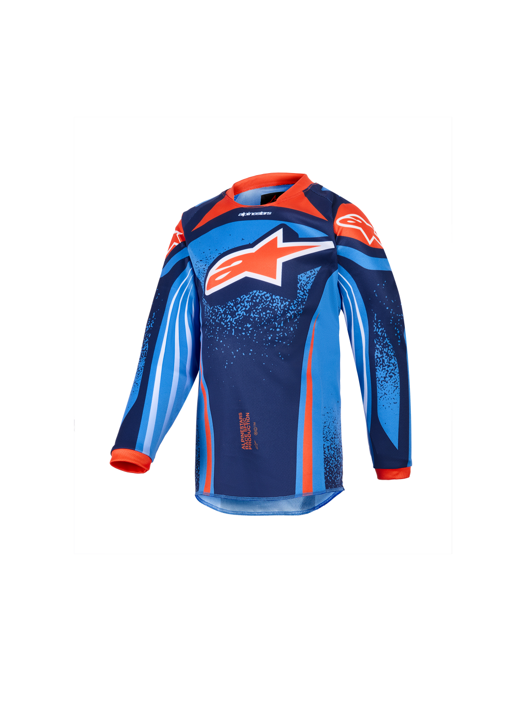 Alpinestars 2026 Kids Racer Nomur Jersey, Youth Motocross Long-Sleeve Jersey, Dark Navy, Orange, and UCLA Blue, featuring a large white and orange star logo, vibrant geometric and speckled graphics, orange collar and cuffs, performance fabric for youth motocross racing