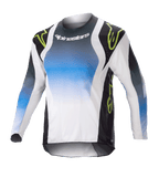 Alpinestars Kids 2023 Racer Push Jersey, Youth Motocross Long-Sleeve Jersey, Blue White and Black with Neon Green Accents, Gradient Design with Alpinestars Logo on Chest, Lightweight Breathable Fabric for Off-Road Performance