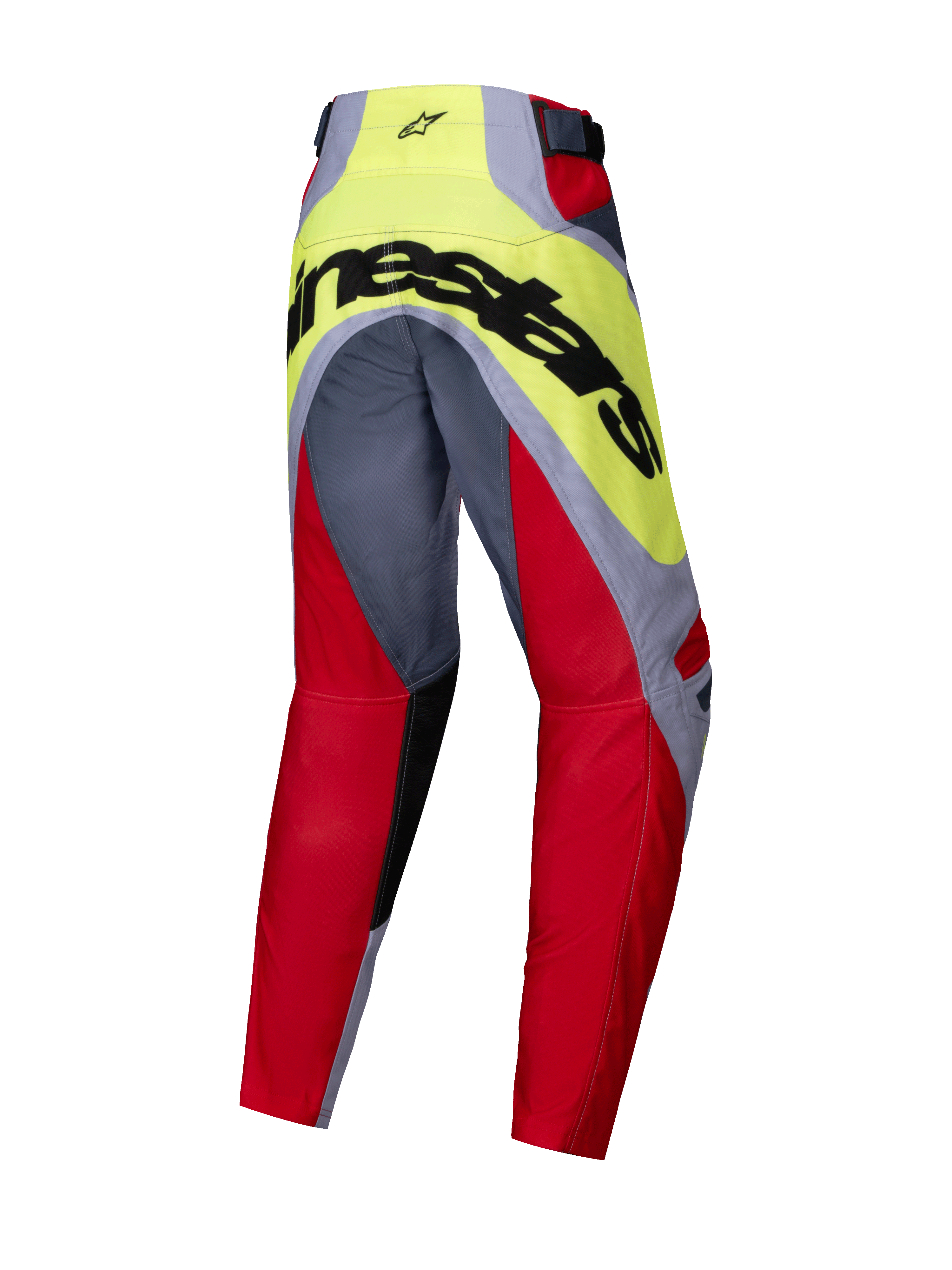 Alpinestars 2025 Youth Racer Melt Pants, Motocross Pants, Bright Red and Gray with neon yellow yoke, rear view showing large black Alpinestars branding across the seat, ergonomic pre-curved construction for youth motocross racing