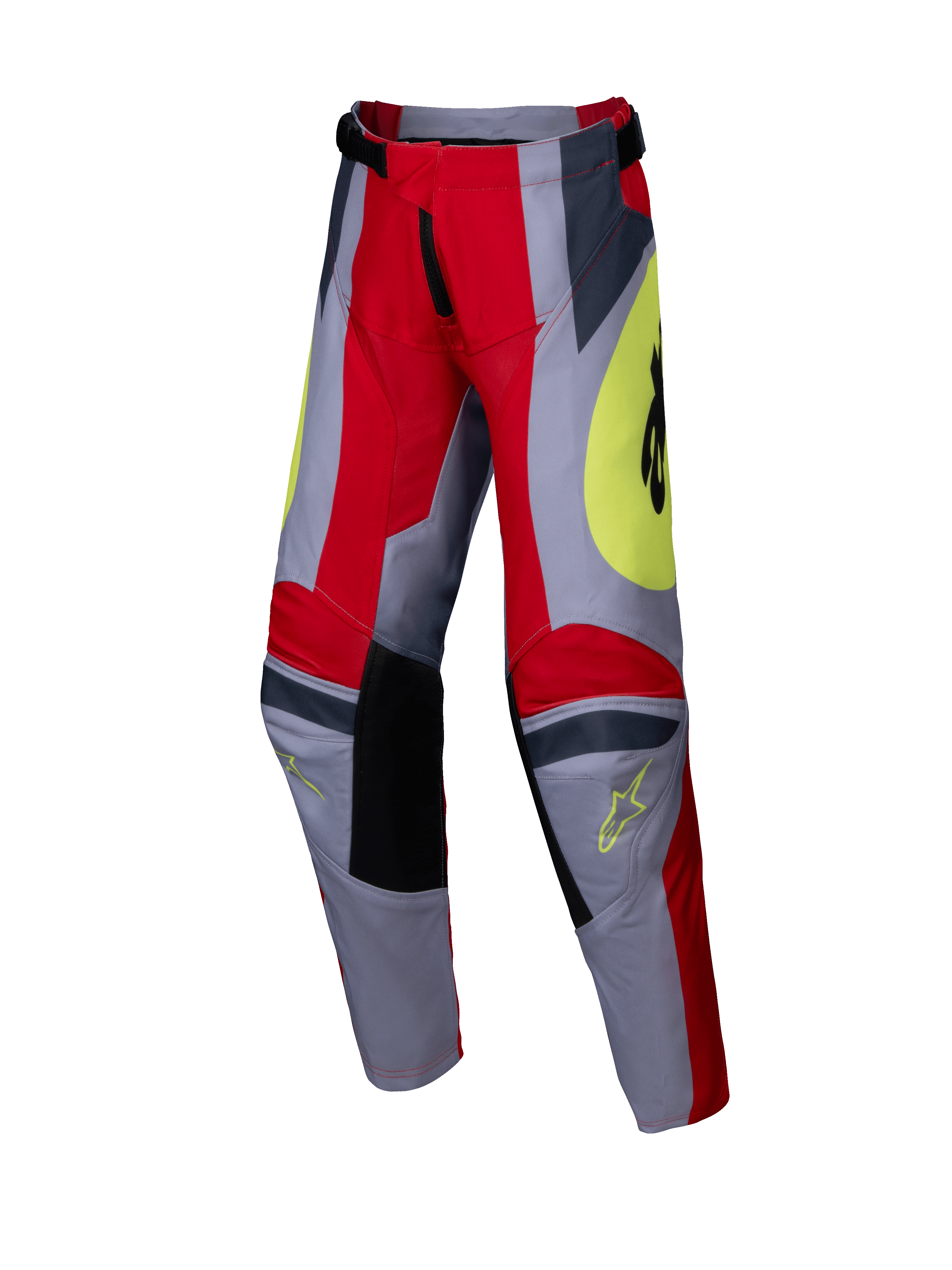 Alpinestars 2025 Youth Racer Melt-byxor, motocrossbyxor för barn, klarröda och grå med gula detaljer, svarta förstärkta knäpaneler, framträdande vinklad grafik och Astars-logotyper, hållbar design för terrängkörning