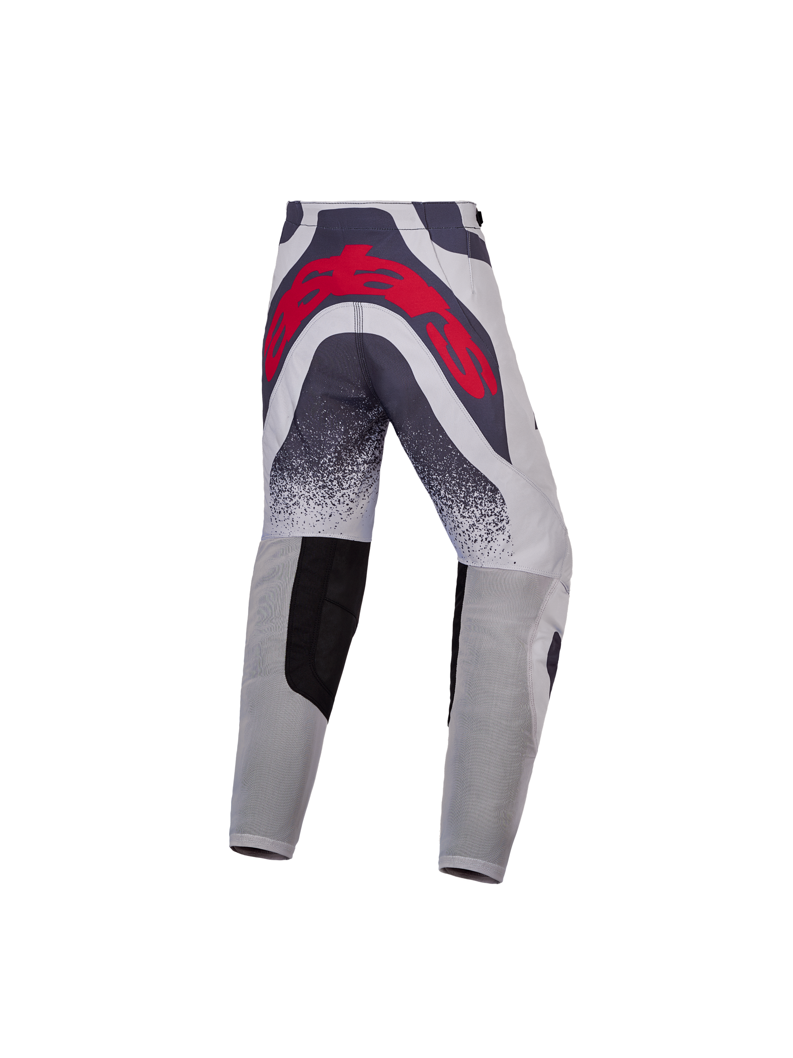 Alpinestars 2027 Supertech Swan ungdomsbyxor, gråa och röda motocrossbyxor med stor logotyp bak och ventilerade paneler.