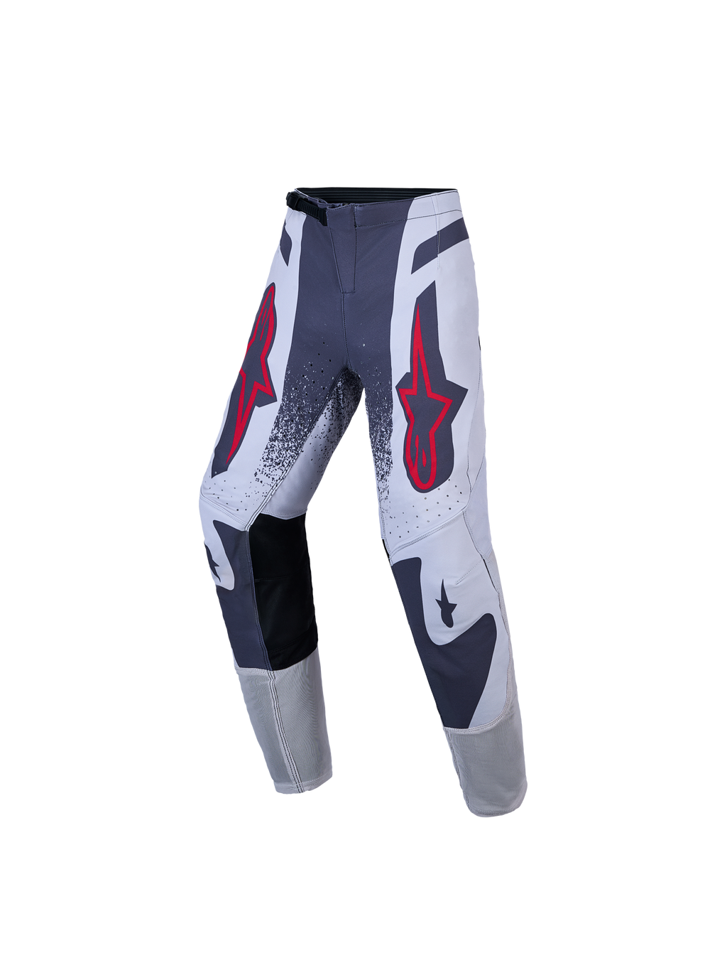 Alpinestars Ungdom Supertech Swan-byxor, motocrossbyxor, gråa och vita med röda stjärnlogotyper, atletisk stretch rip-stop.