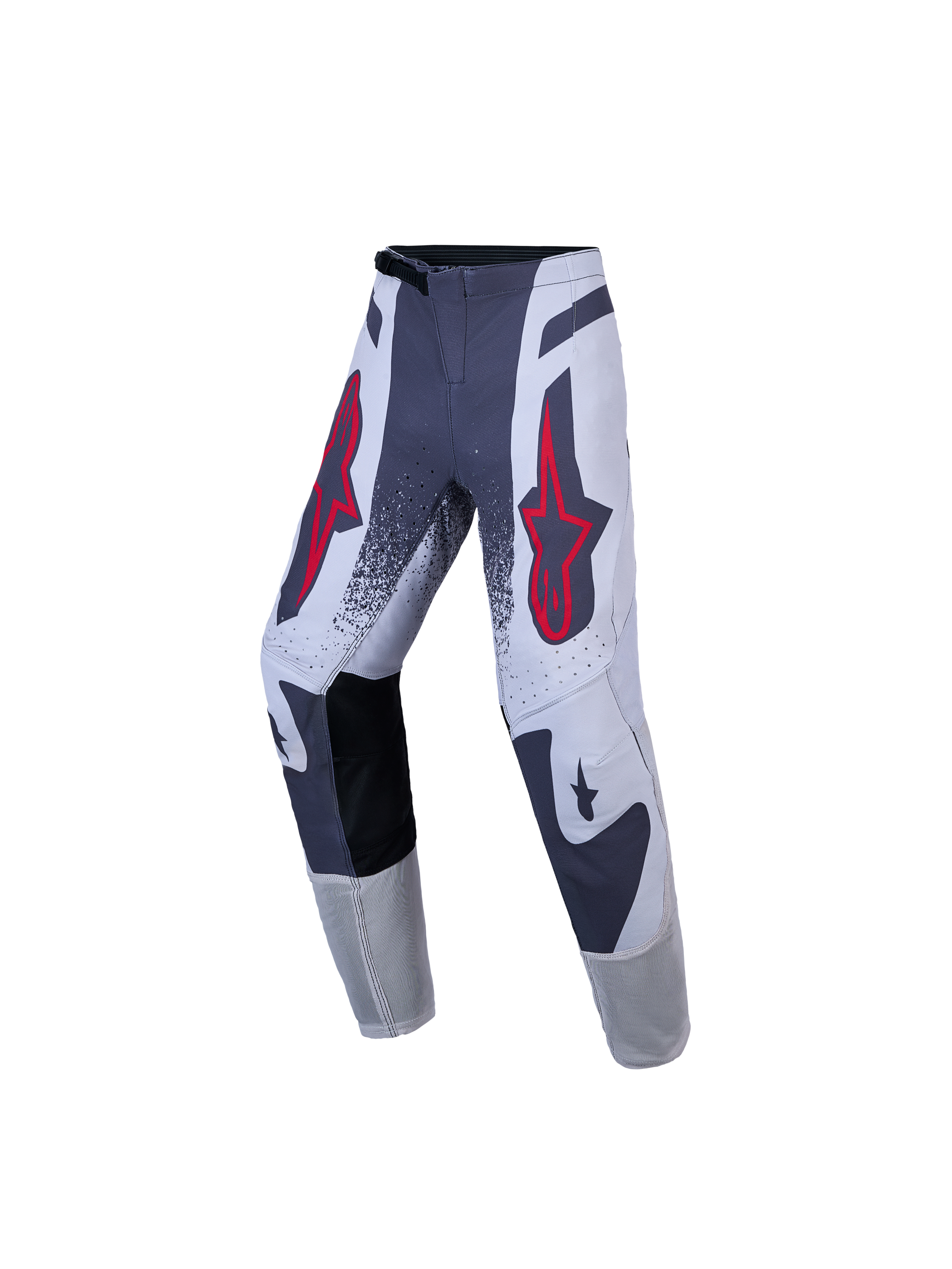 Alpinestars Ungdom Supertech Swan-byxor, motocrossbyxor, gråa och vita med röda stjärnlogotyper, atletisk stretch rip-stop.