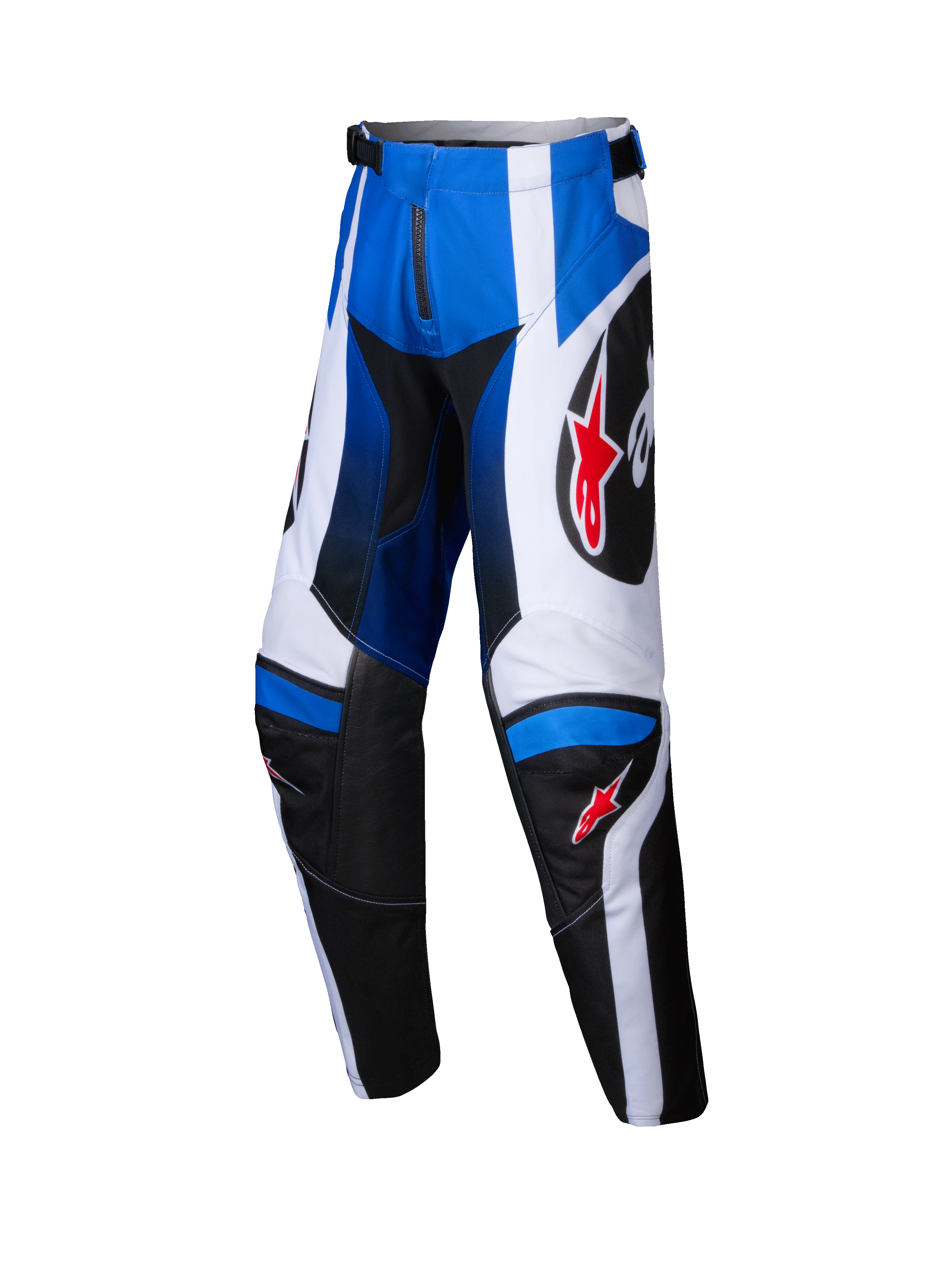 Alpinestars Youth Racer Wurx-byxor 2025, motocrossbyxor, blå, svarta och vita, röda stjärnlogotyper, terrängracingutrustning för ungdomar