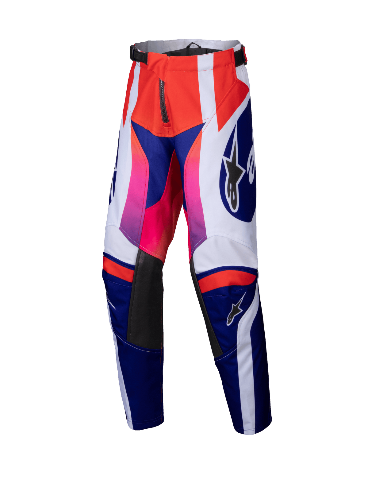 Alpinestars Youth Racer Wurx-byxor 2025, motocrossbyxor för ungdom, röda, blå, rosa och vita med ett djärvt geometriskt mönster och rosa-röda färgtoningar, svarta innerknäpaneler i läder, justerbar midja, hållbar textilkonstruktion för terrängkörning