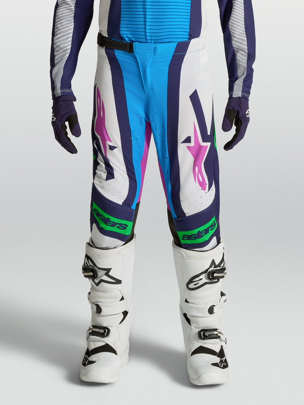 Alpinestars Youth Supertech Maven Pants, white and blue motocross gear with fluo green accents and athletic performance fit.
