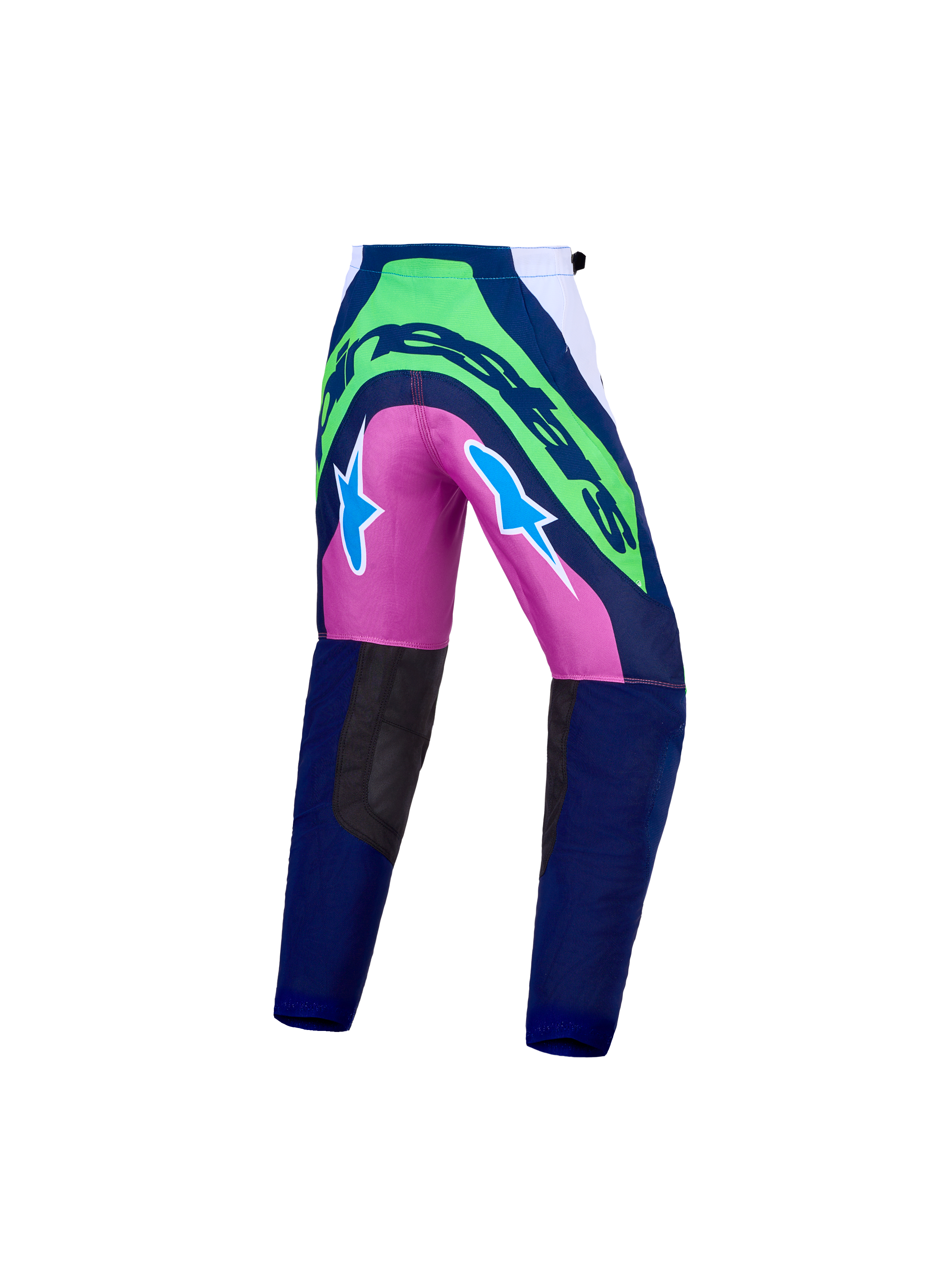 Alpinestars Youth Supertech Maven Pants, blue and green motocross racing pants with durable rip-stop fabric.