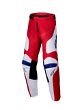 Alpinestars 2025 Youth Racer Veil Pants, Motocross Pants, Bright Red and White with Blue accents, featuring black inner knee panels, ergonomic pre-curved design, and durable polyfabric for off-road racing.