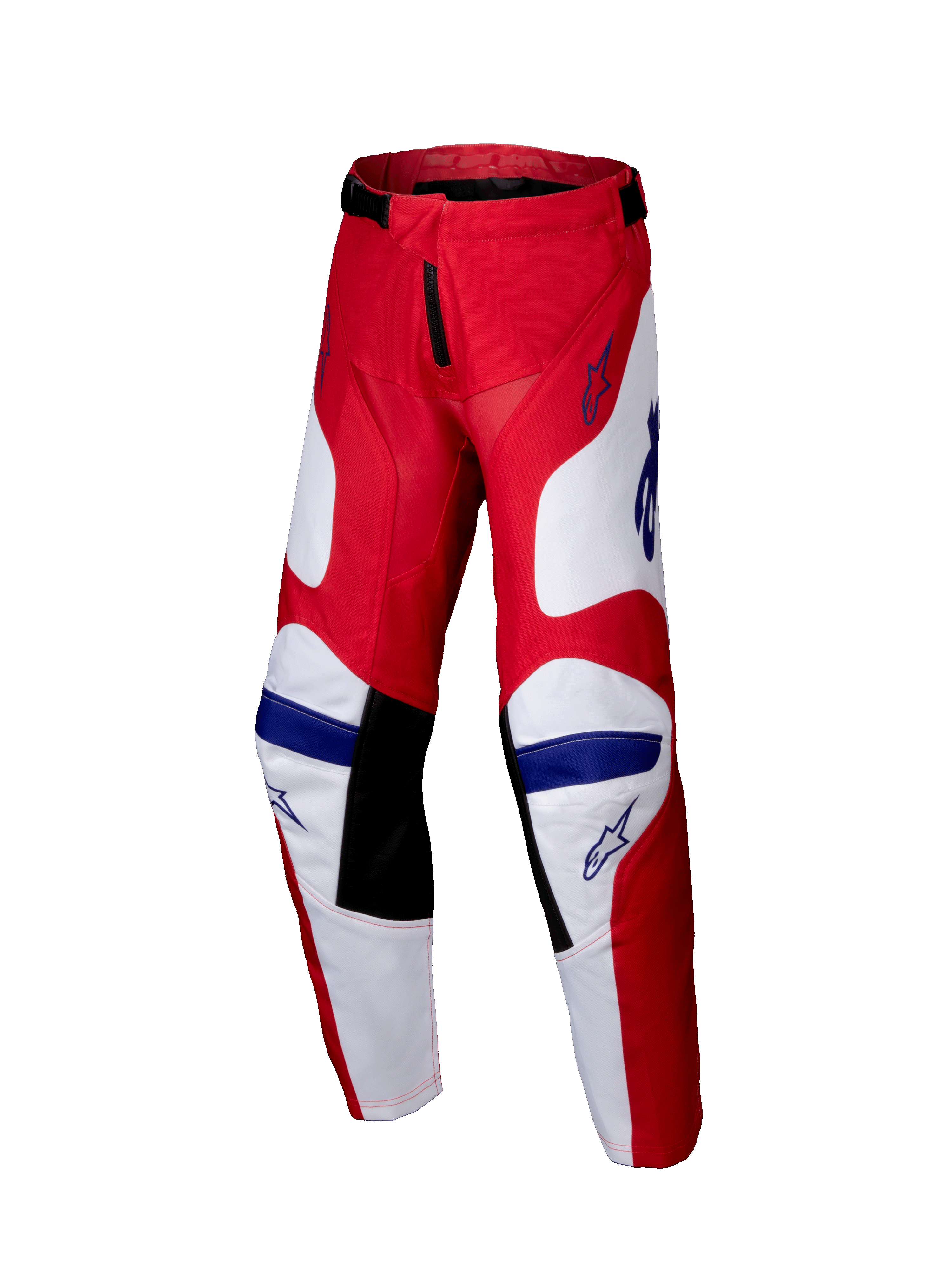Alpinestars 2025 Youth Racer Veil Pants, motocrossbyxor, klarröda och vita med blå detaljer, med svarta innerpaneler vid knäna, ergonomisk förböjd design och slitstarkt polytyg för terrängkörning.