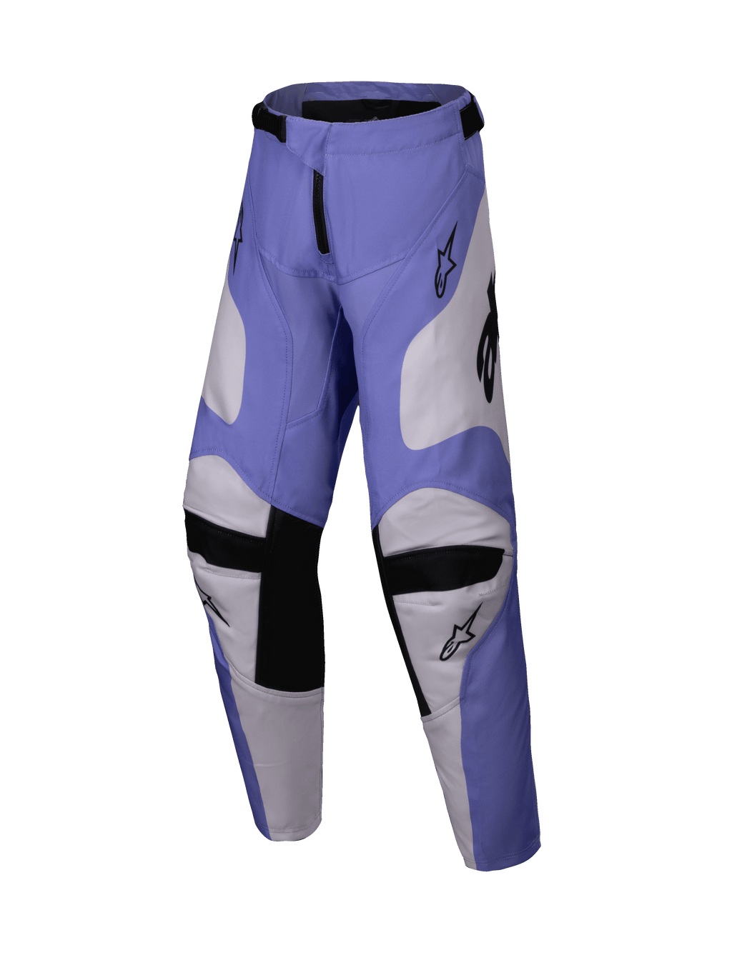 Alpinestars 2025 Youth Racer Veil Pants, Motocross Pants, Purple and White with Black, featuring goat leather inner knee panels and a pre-curved ergonomic design, durable off-road riding gear for youth