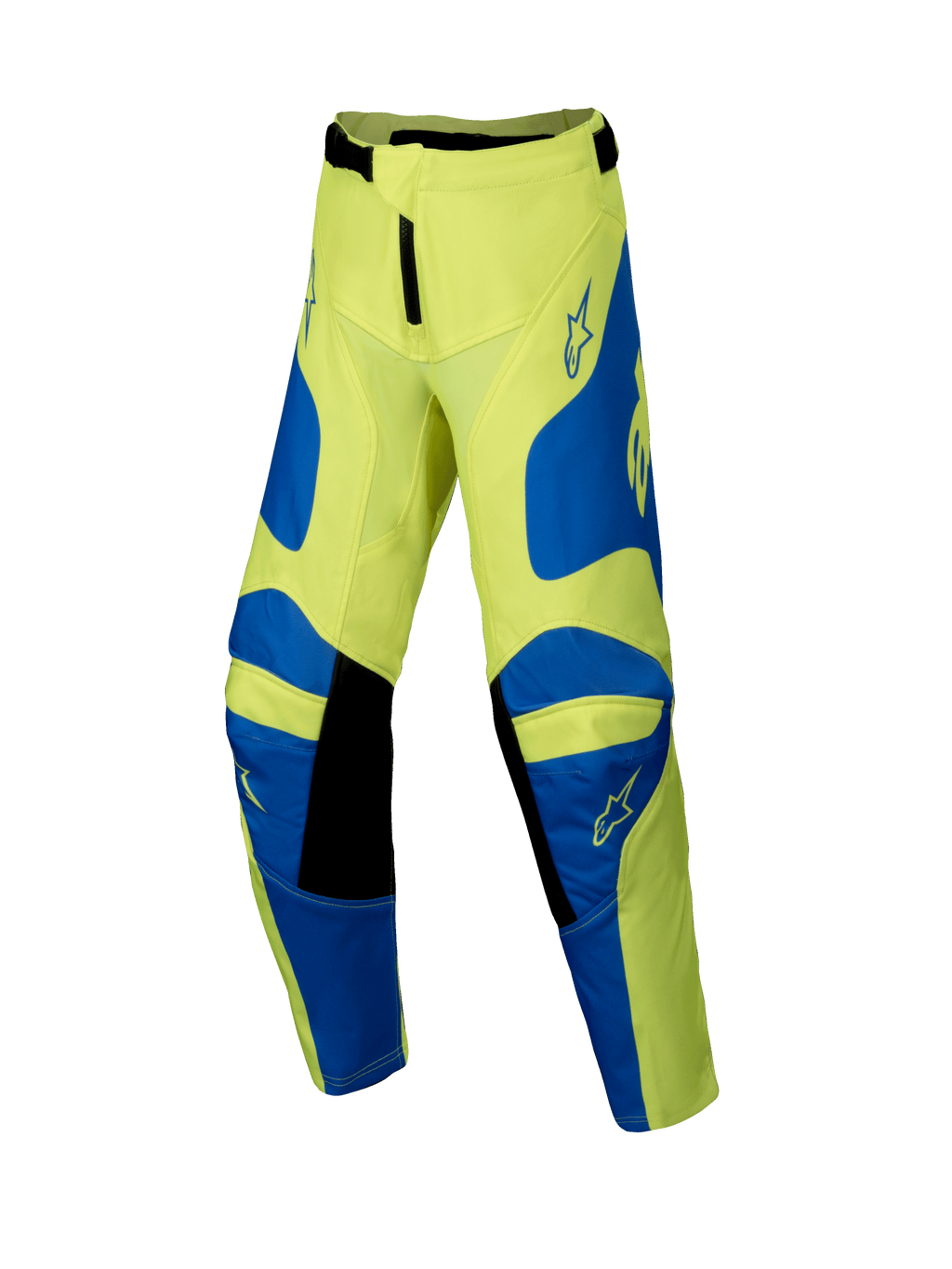 Alpinestars 2025 Youth Racer Veil Pants, Motocross Pants, Yellow Fluo and Blue with Black details, Youth Riding Gear, featuring star logos on thighs and knees, ergonomic pre-curved design for off-road racing