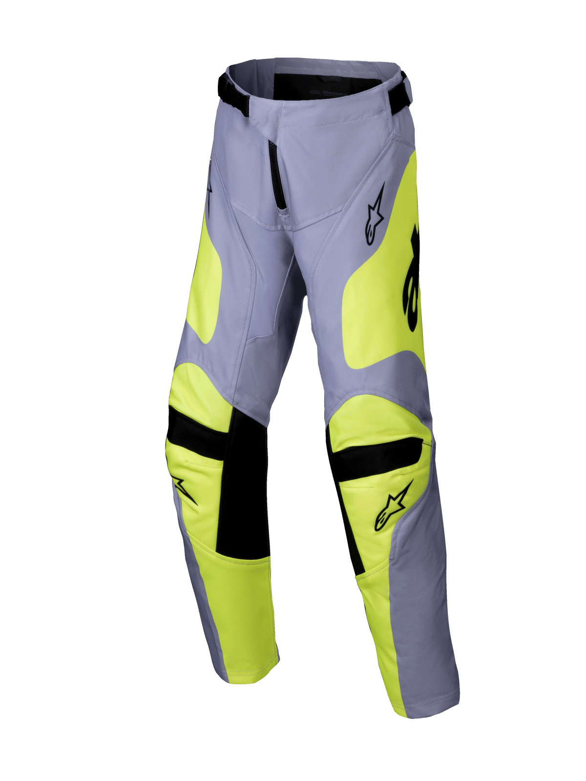 Alpinestars 2025 Youth Racer Veil byxor, motocrossbyxor, grå och neongula, svarta detaljer på knän och midja, sportig design med förböjda ben och logotyper, slitstark terrängkörningsutrustning