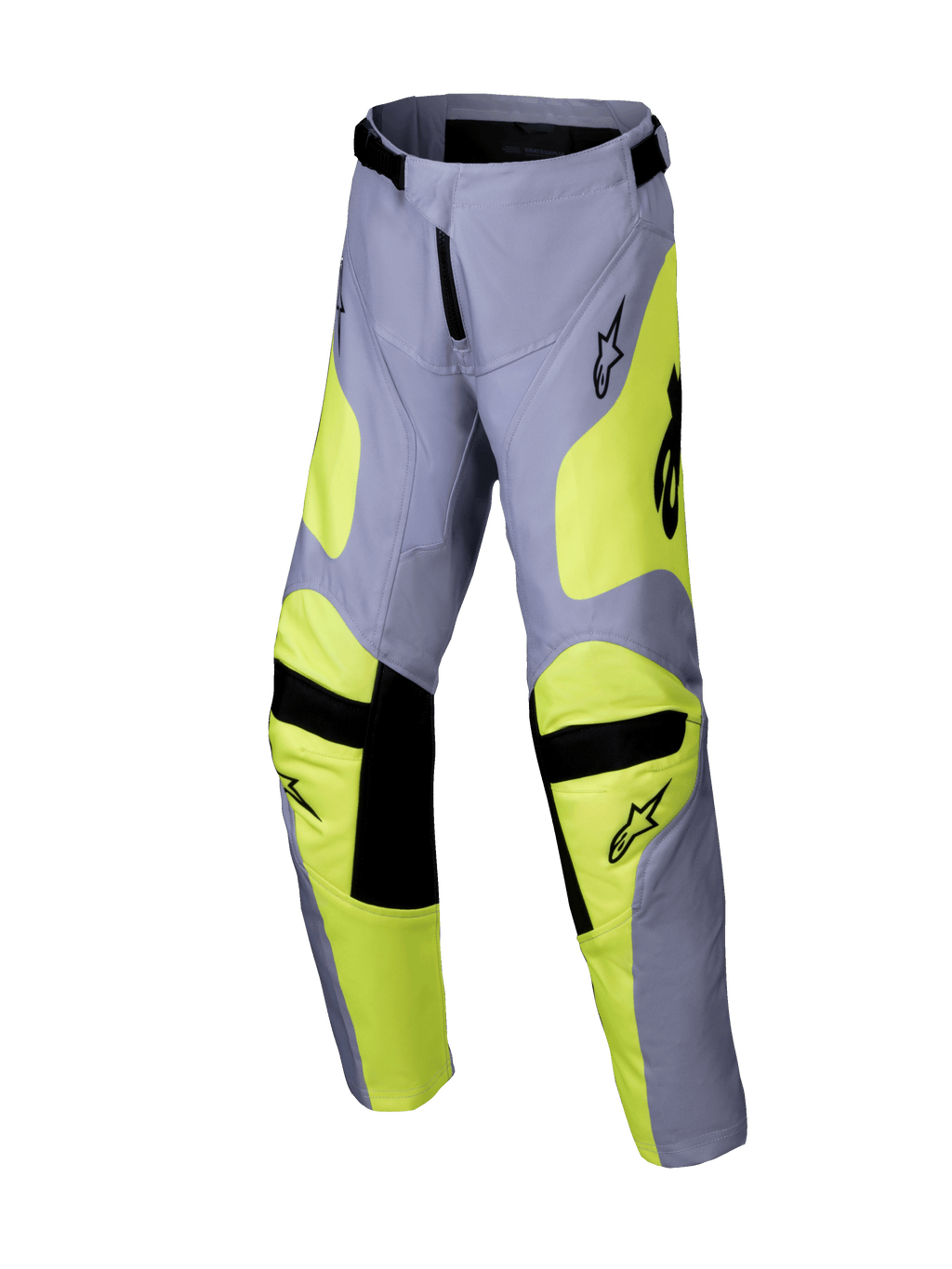 Alpinestars 2025 Youth Racer Veil Pants, Motocross Pants, Gray and Yellow Fluo, black accents on knees and waist, sporty design with pre-curved legs and logos, durable off-road racing gear