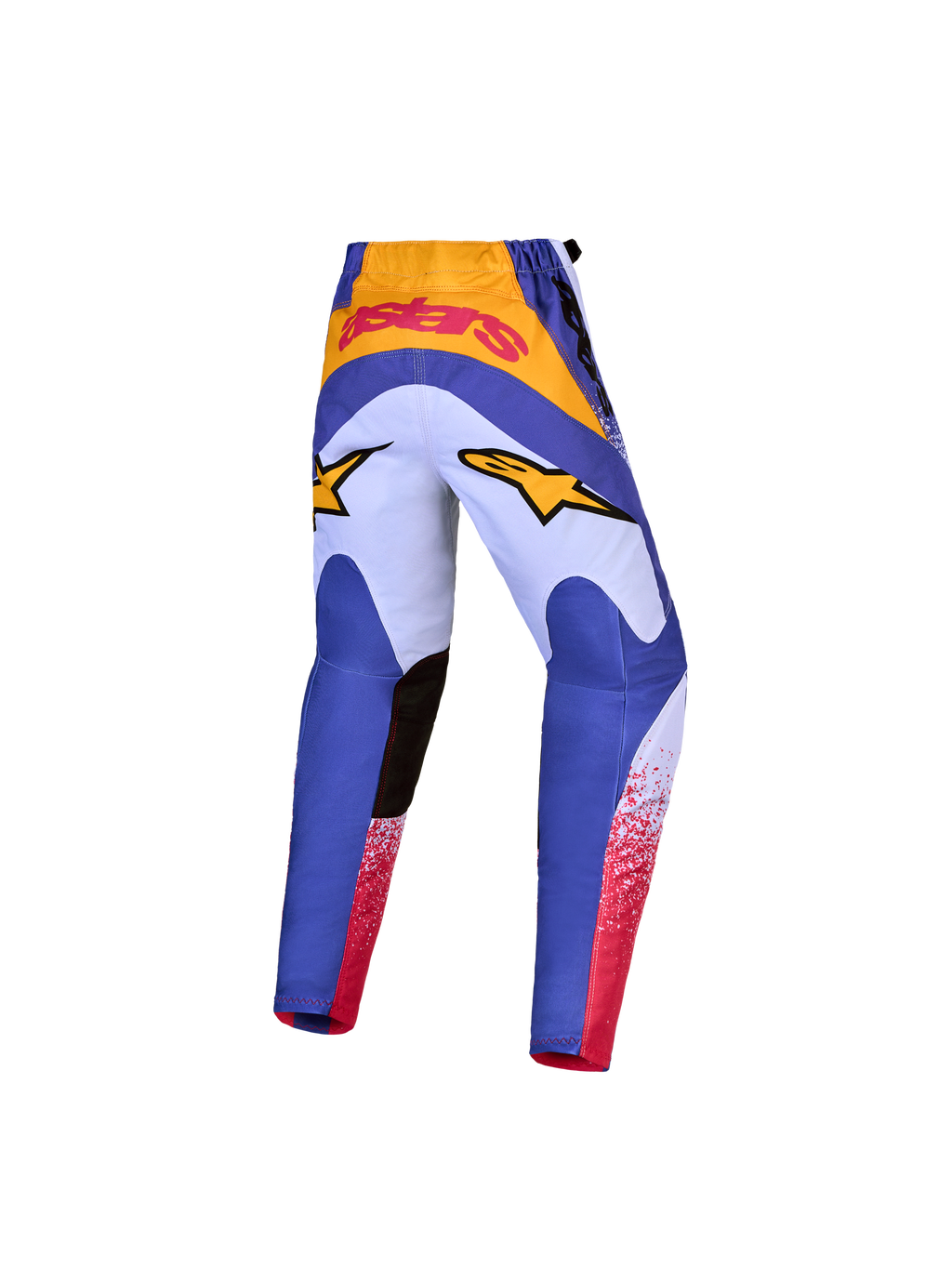 Alpinestars 2027 Ungdom Fluid Drag byxor, blå och guld motocrossbyxor med förböjd ergonomisk passform, vy bakifrån.