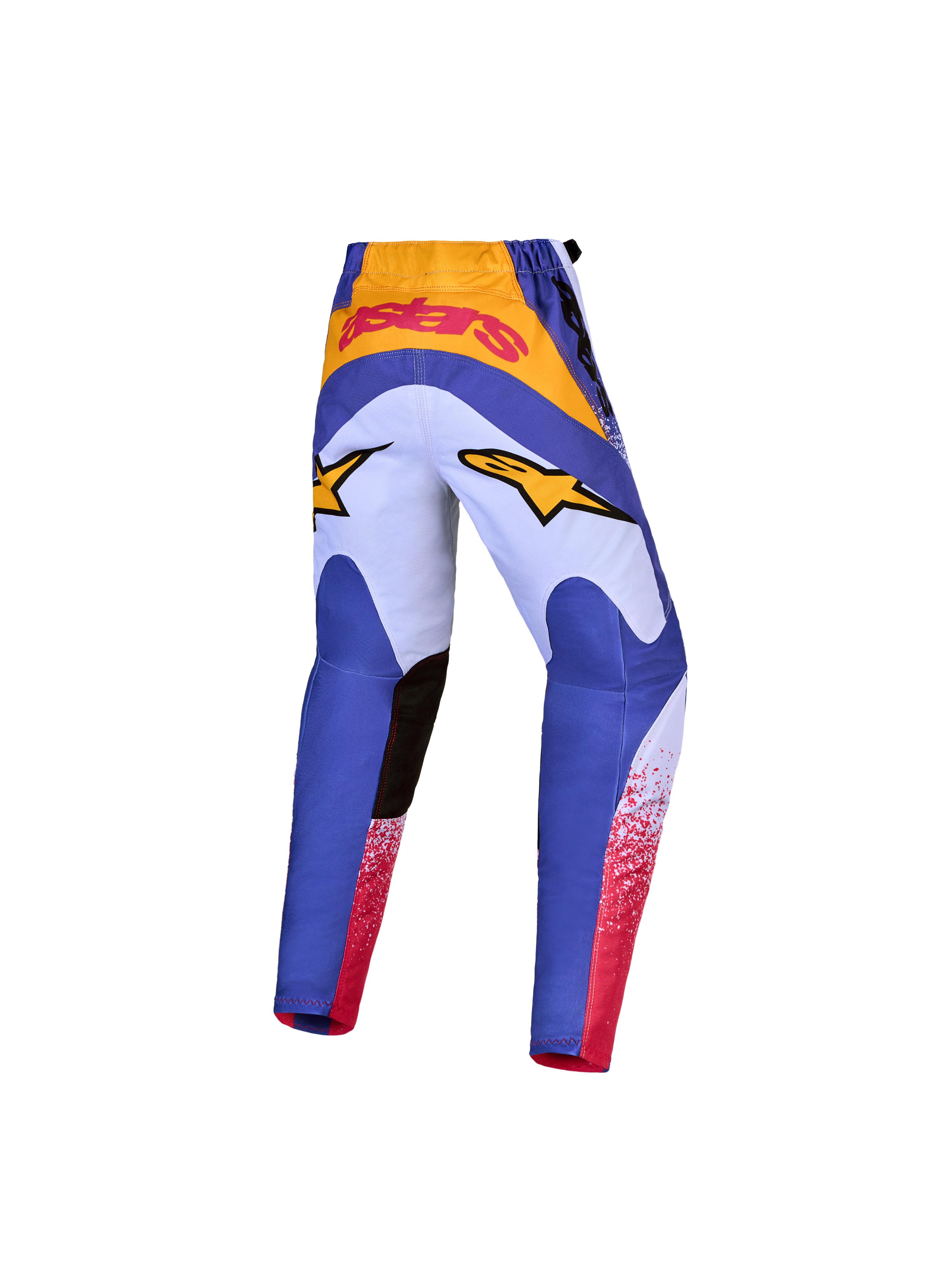 Alpinestars 2027 Ungdom Fluid Drag byxor, blå och guld motocrossbyxor med förböjd ergonomisk passform, vy bakifrån.
