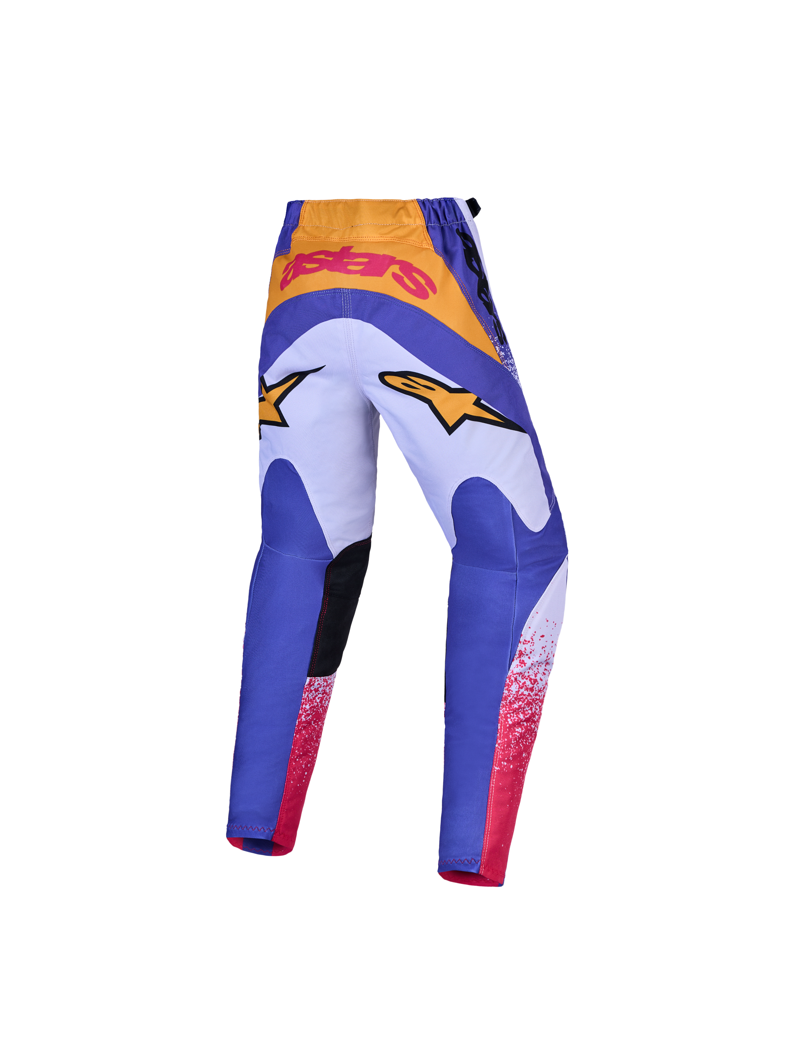 Alpinestars Fluid Drag ungdomsbyxor, blå och lila motocrossbyxor med gulddetaljer och förstärkt säte.