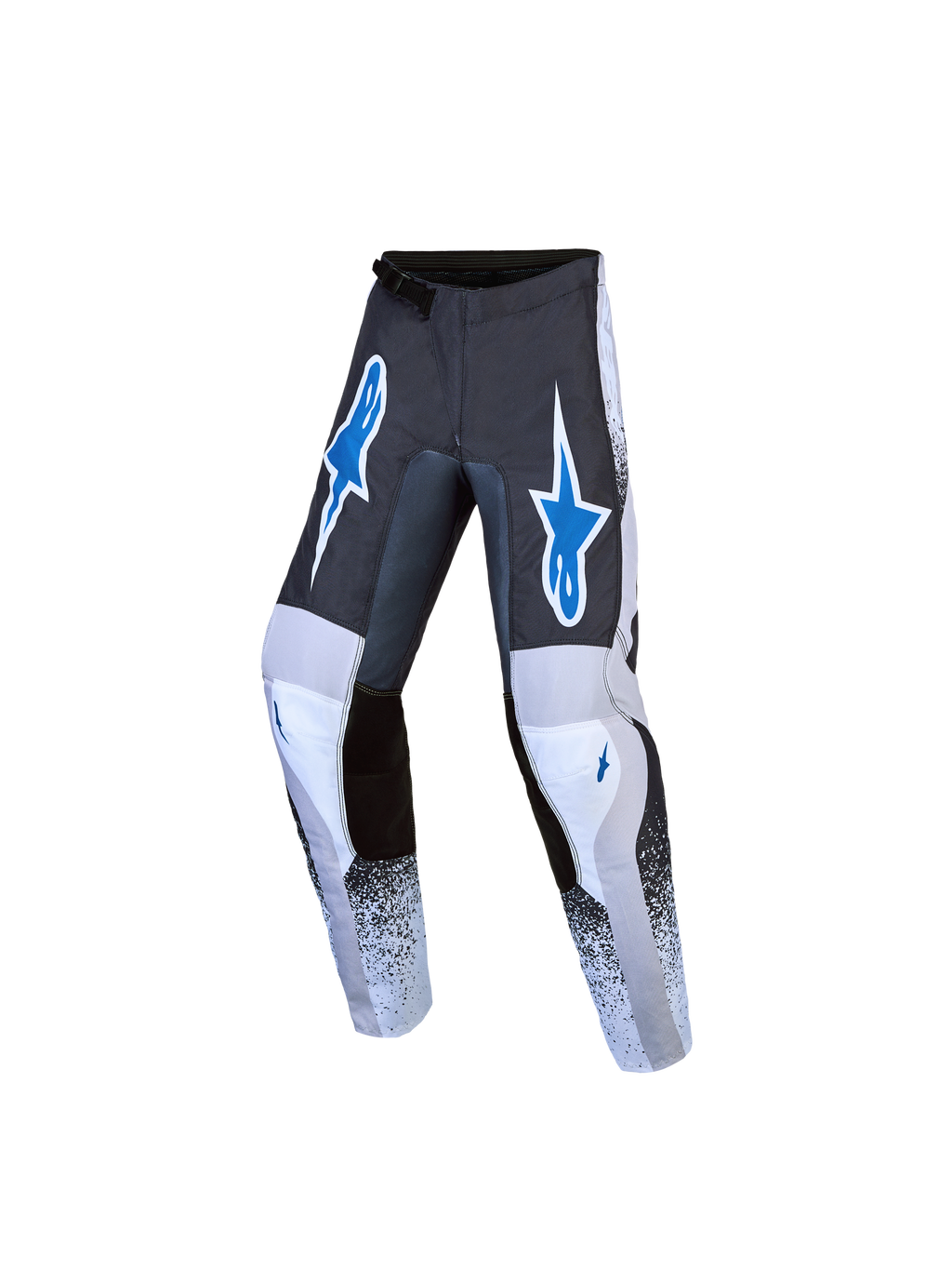 Alpinestars 2027 Ungdom Fluid Drag byxor, motocrossbyxor i grått och blått, förböjd ergonomisk passform i slitstarkt 600D-polytyg för terrängkörning.