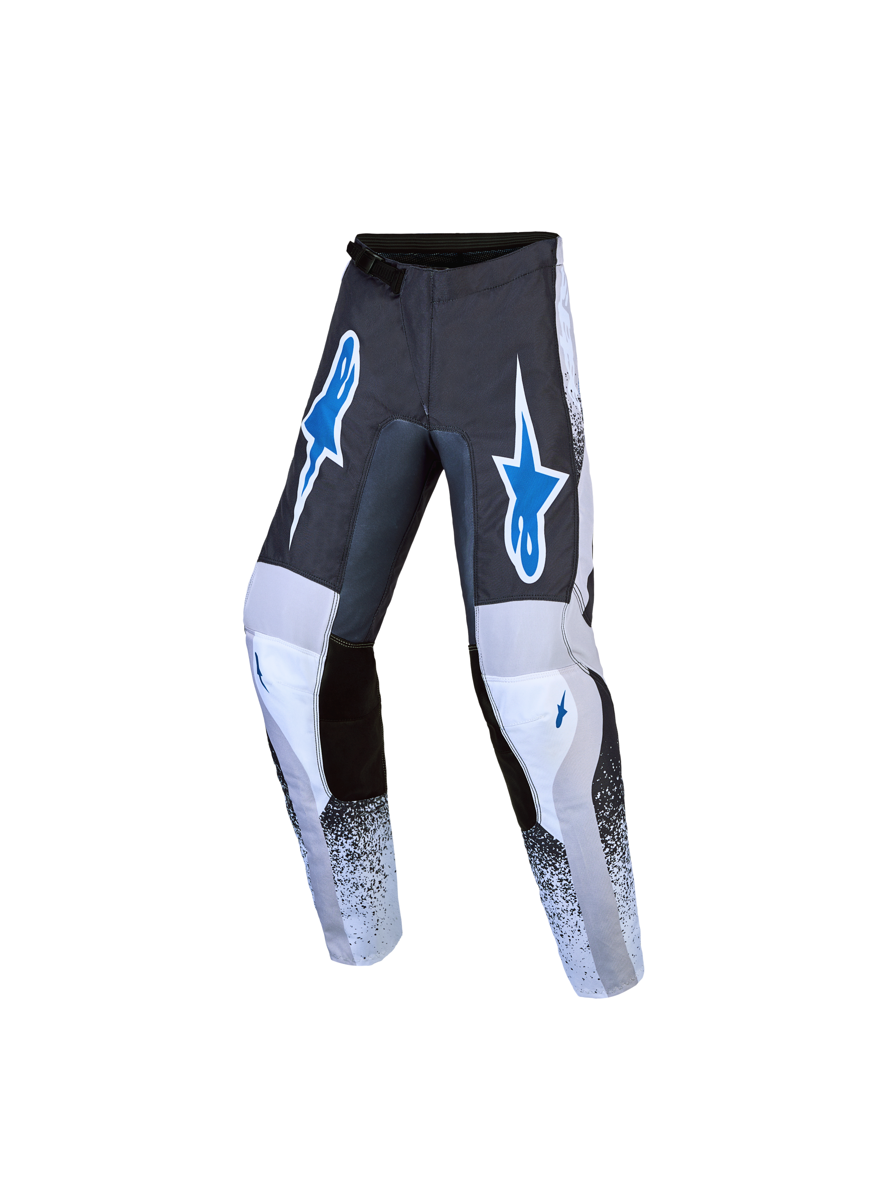 Alpinestars 2027 Ungdom Fluid Drag byxor, motocrossbyxor i grått och blått, förböjd ergonomisk passform i slitstarkt 600D-polytyg för terrängkörning.