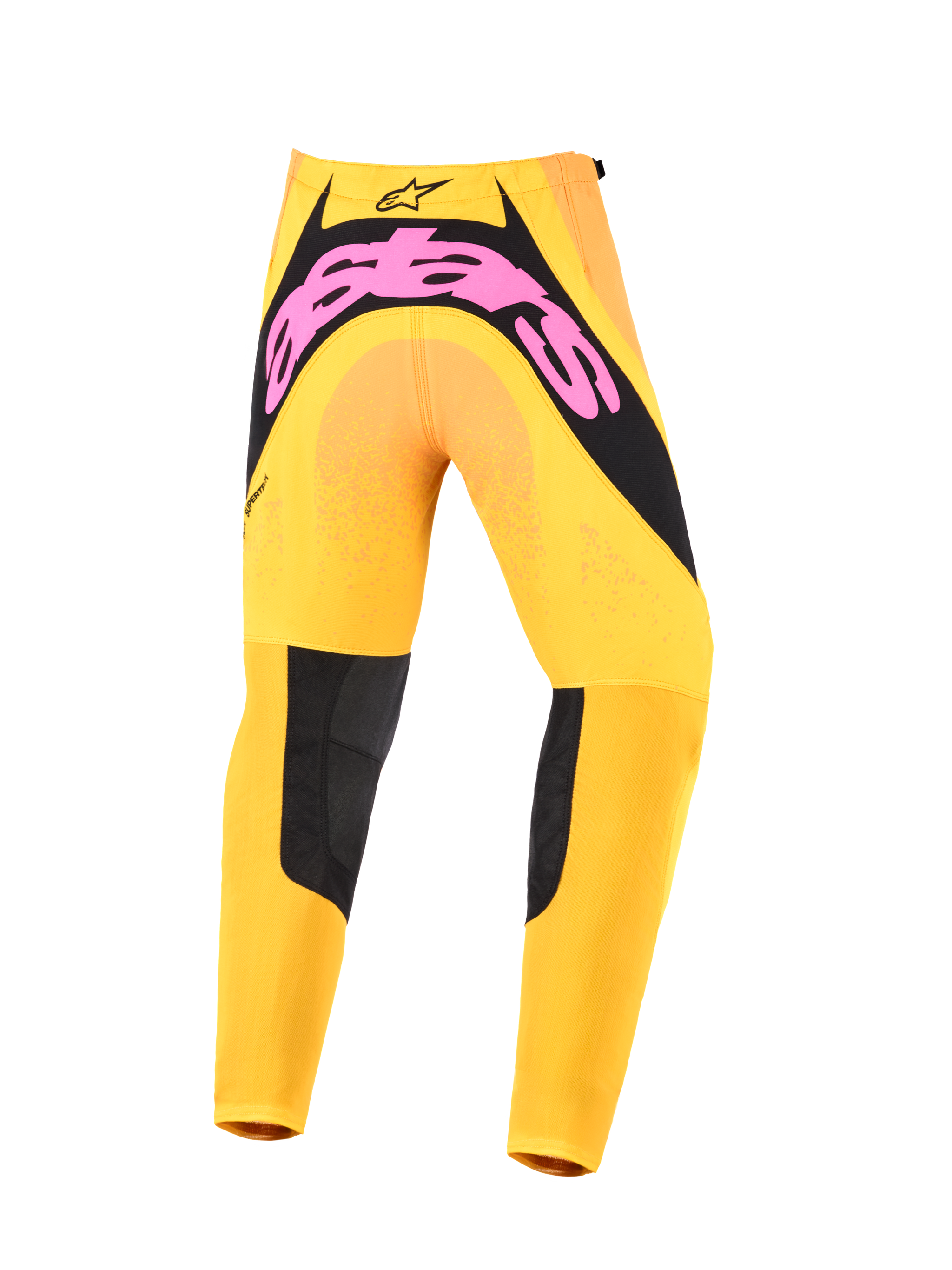 Alpinestars 2026 Youth Supertech Nomur Pants, Motocross Pants, Orange Yellow and Pink, rear view featuring a bold pink Astars logo on a black seat panel, athletic design with durable textile panels and a tapered fit for youth riders