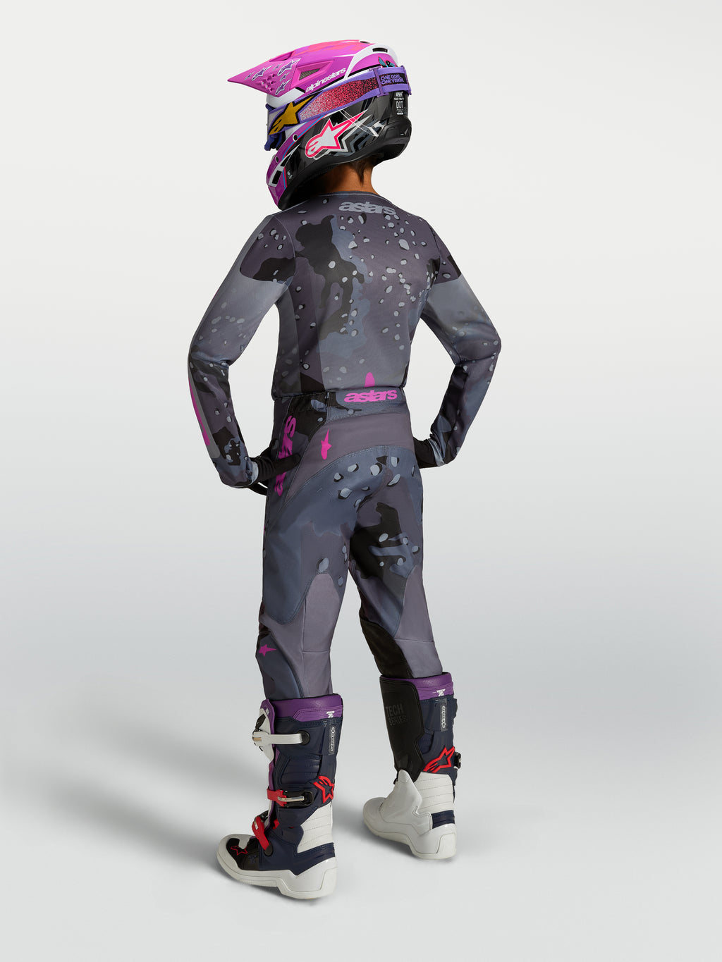Alpinestars Youth Fluid Lone Pants in Gray Camo Purple, textile motocross racing gear for young off-road riders.