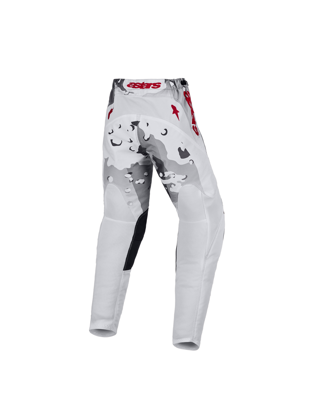 Alpinestars 2027 Ungdom Fluid Lone byxor, grå kamouflagemönstrade och vita motocrossbyxor med röda detaljer, vy bakifrån