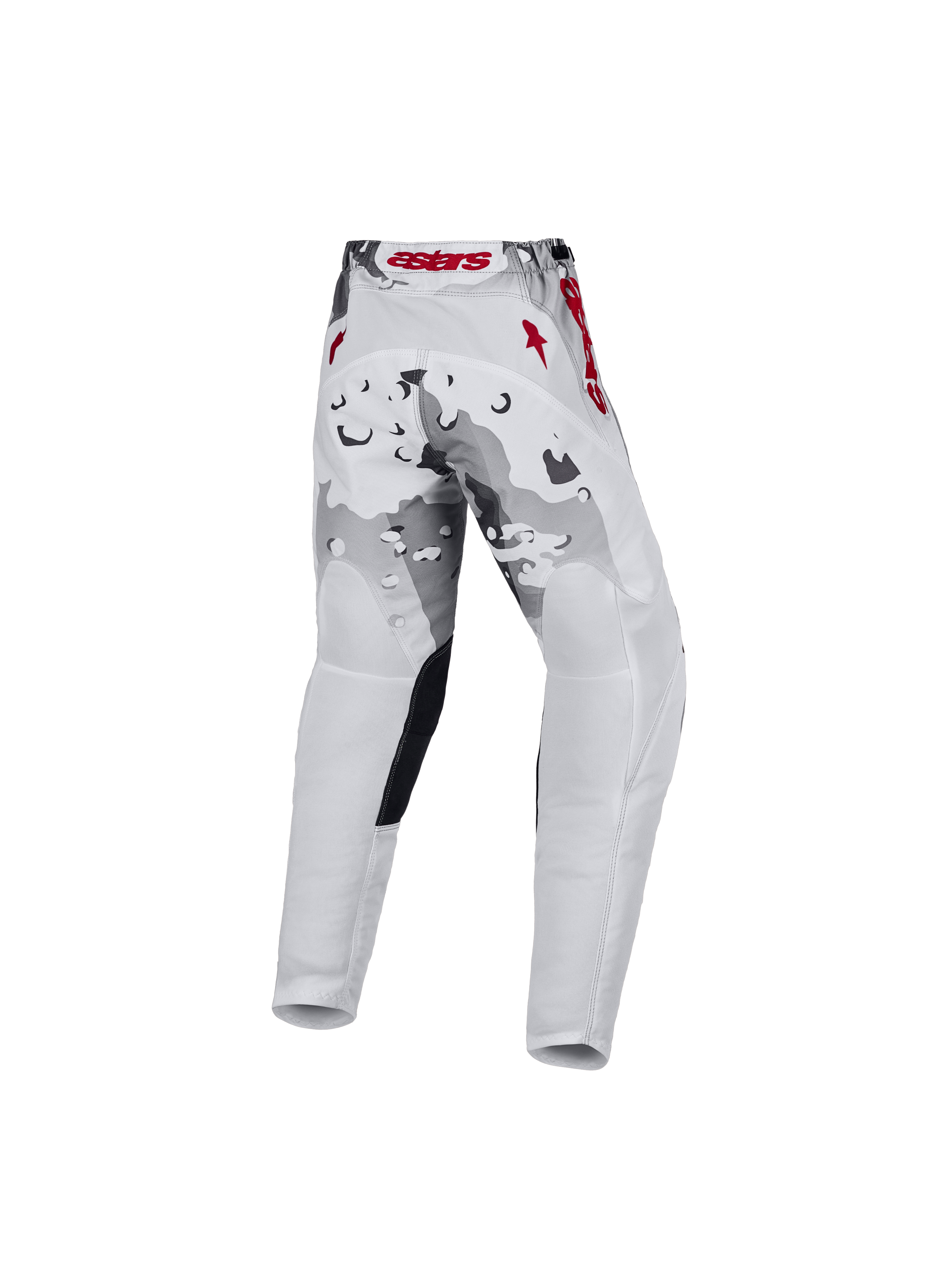 Alpinestars 2027 Ungdom Fluid Lone byxor, grå kamouflagemönstrade och vita motocrossbyxor med röda detaljer, vy bakifrån