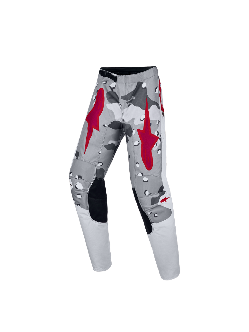 Alpinestars 2027 ungdom Fluid Lone byxor, motocrossbyxor i grå camo och rött, ergonomisk passform för terrängkörning med slitstarka paneler för unga förare.