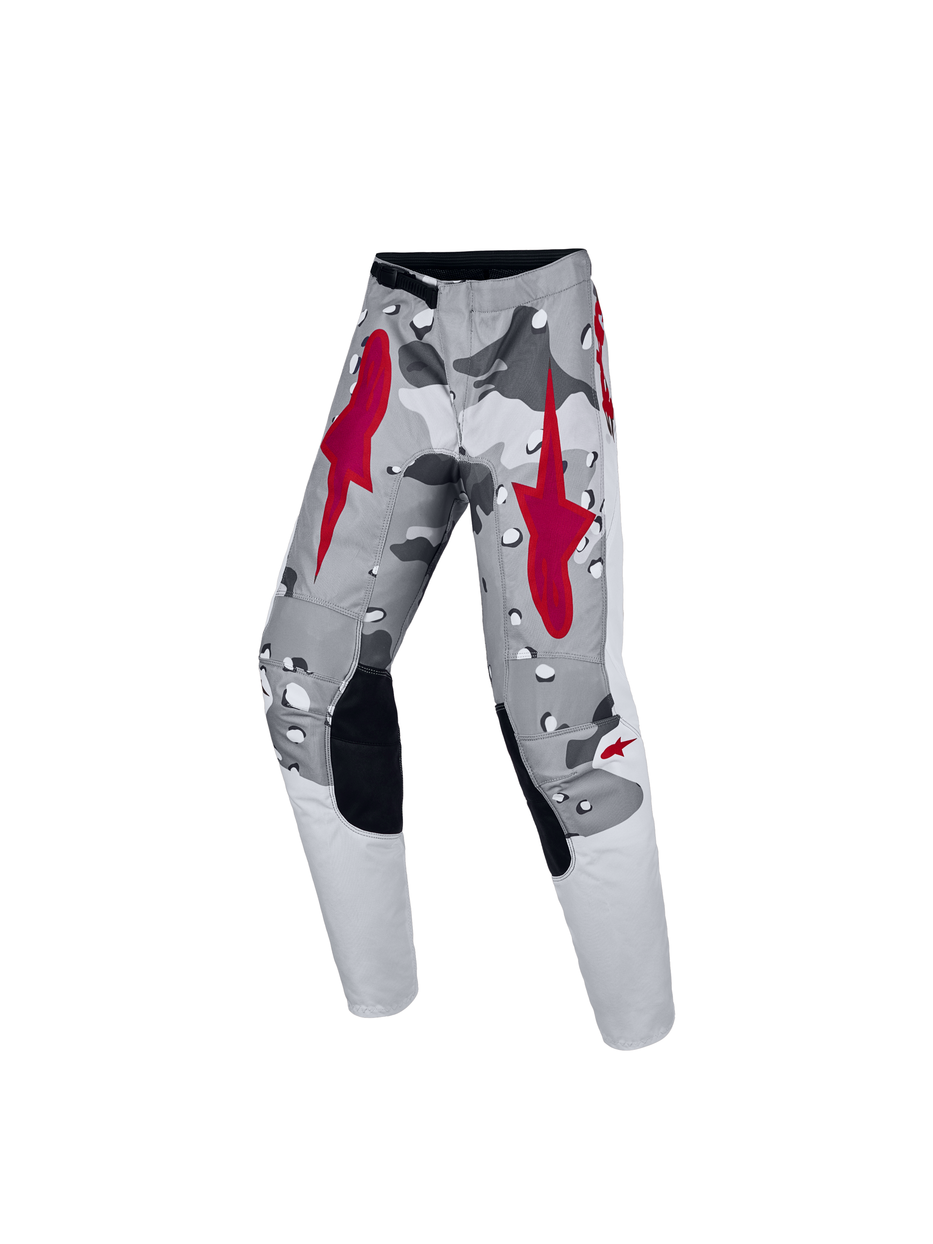 Alpinestars 2027 ungdom Fluid Lone byxor, motocrossbyxor i grå camo och rött, ergonomisk passform för terrängkörning med slitstarka paneler för unga förare.