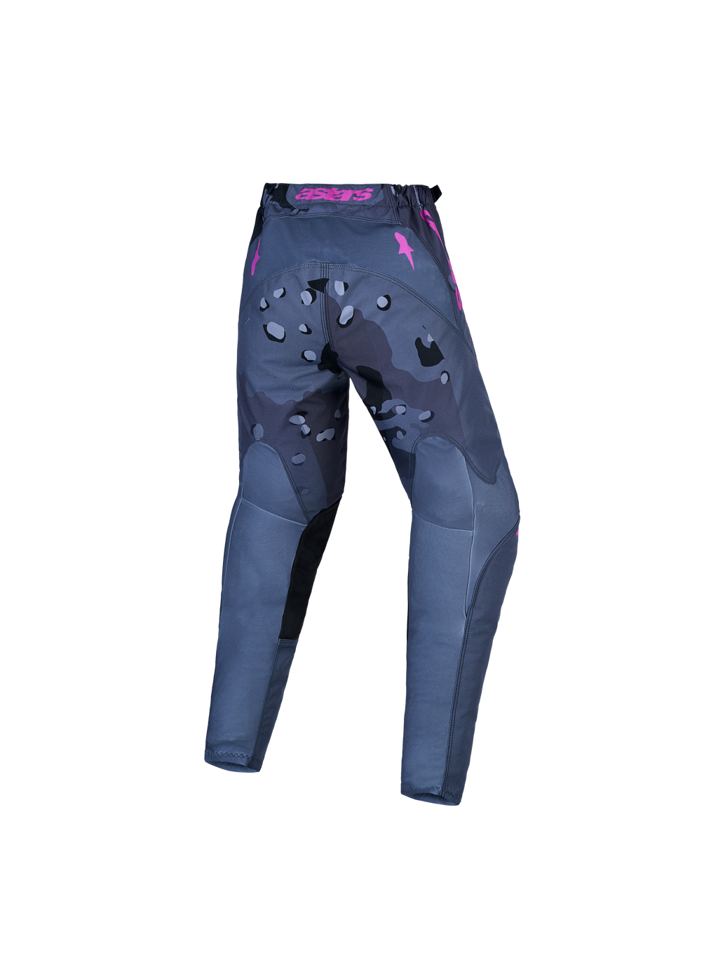 Alpinestars ungdom Fluid Lone V2-byxor, motocrossbyxor i grått och rosa kamouflagemönster, vy bakifrån för terrängkörning, slitstark design för off-road.