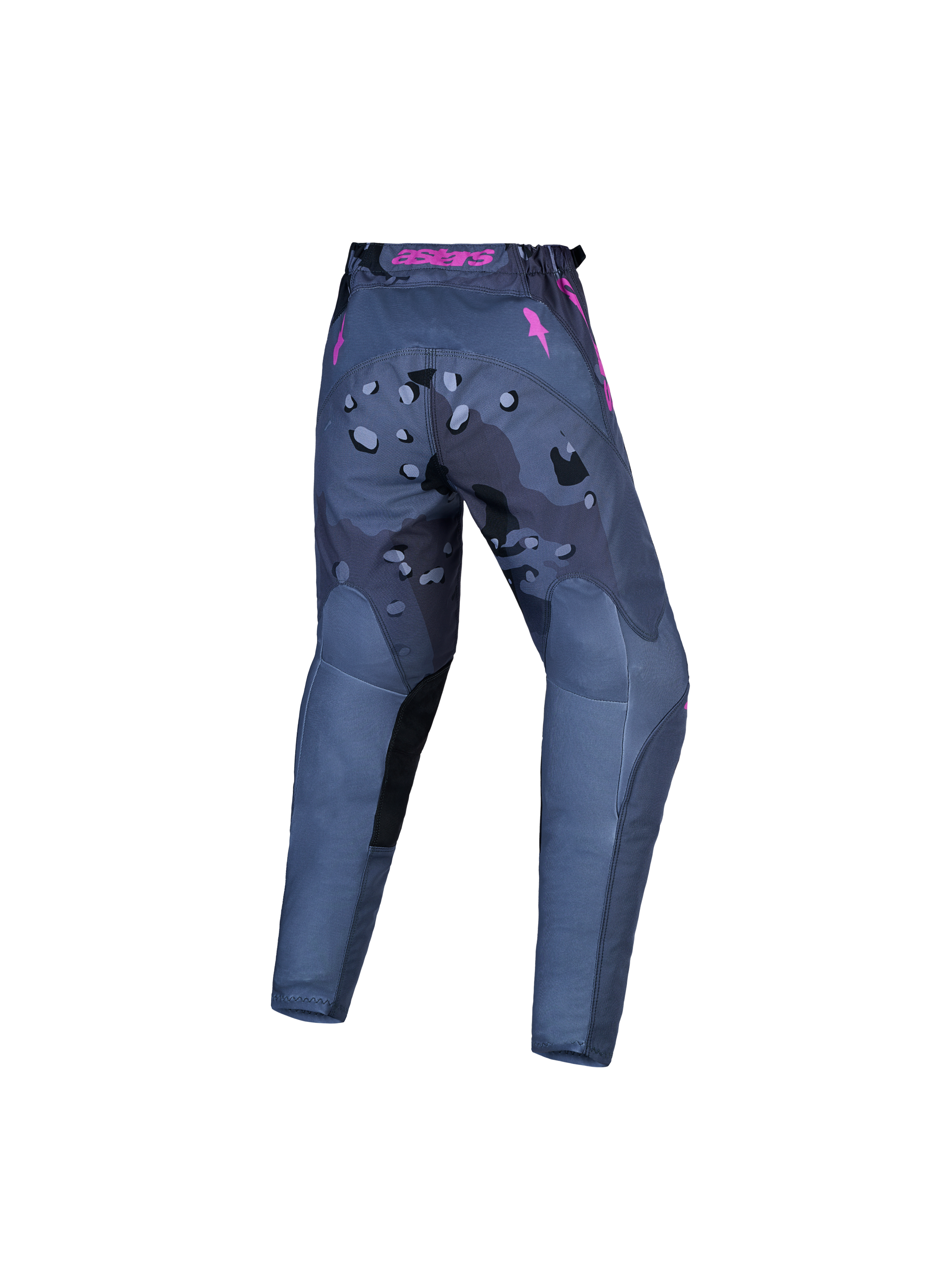 Alpinestars ungdom Fluid Lone V2-byxor, motocrossbyxor i grått och rosa kamouflagemönster, vy bakifrån för terrängkörning, slitstark design för off-road.