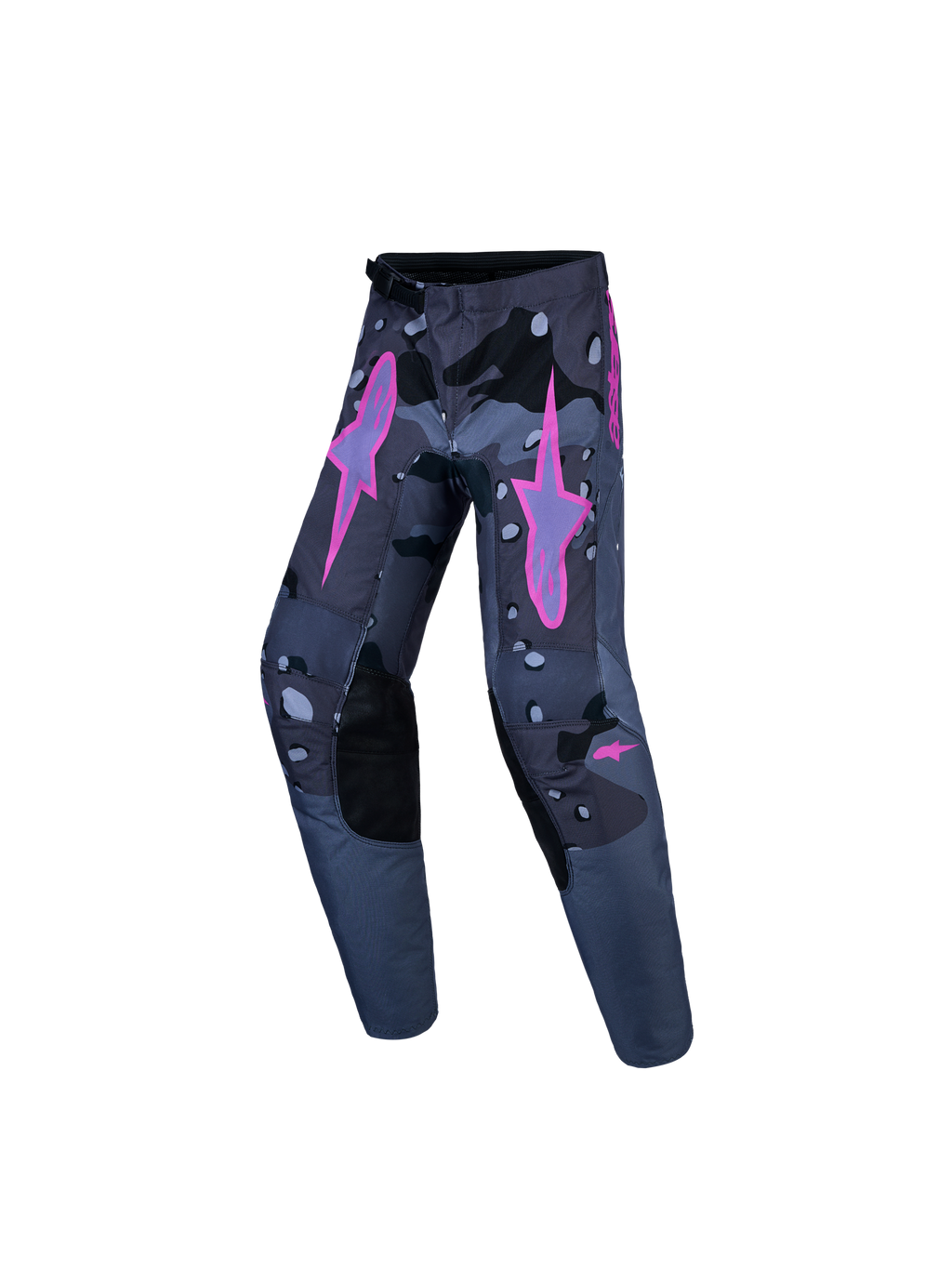 Alpinestars Ungdom Fluid Lone V2-byxor, motocrossbyxor i mörkgrått kamouflagemönster med klarrosa stjärnlogotyper och förstärkta knän.