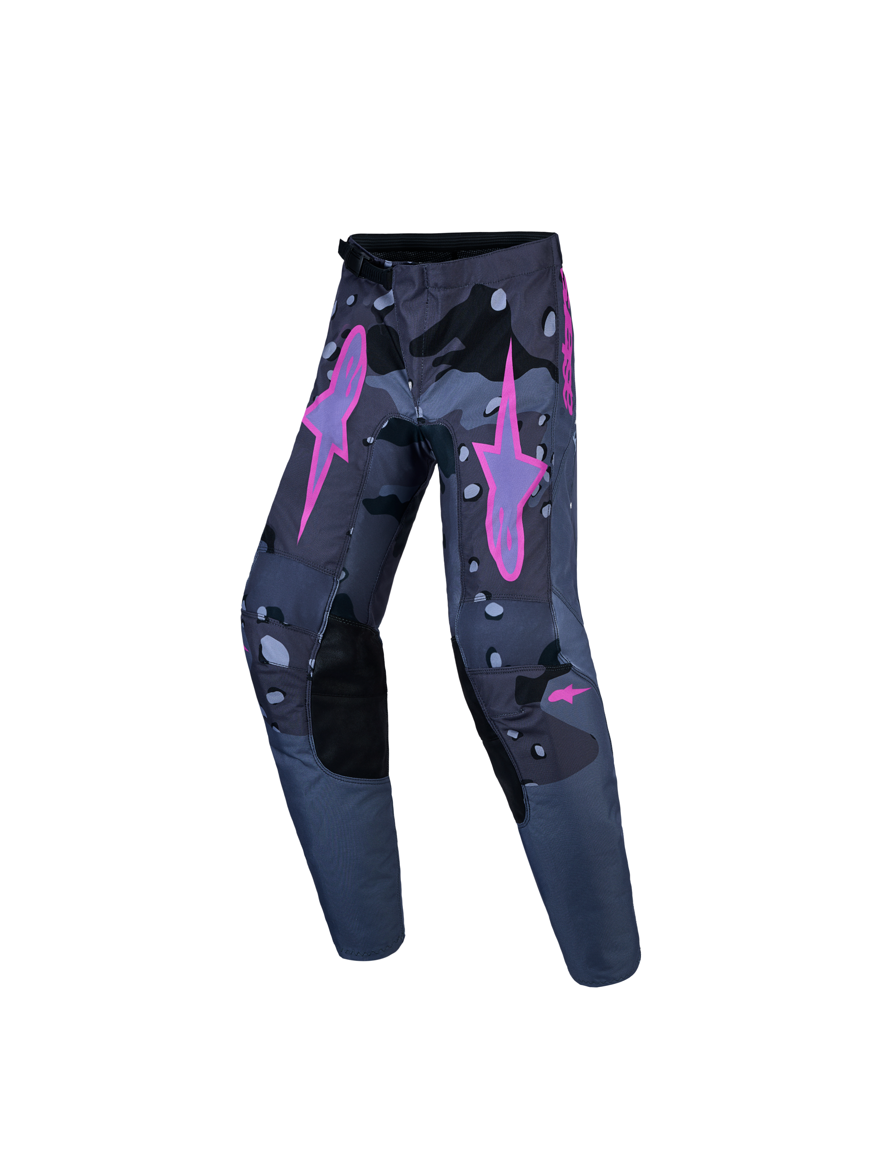 Alpinestars Ungdom Fluid Lone V2-byxor, motocrossbyxor i mörkgrått kamouflagemönster med klarrosa stjärnlogotyper och förstärkta knän.