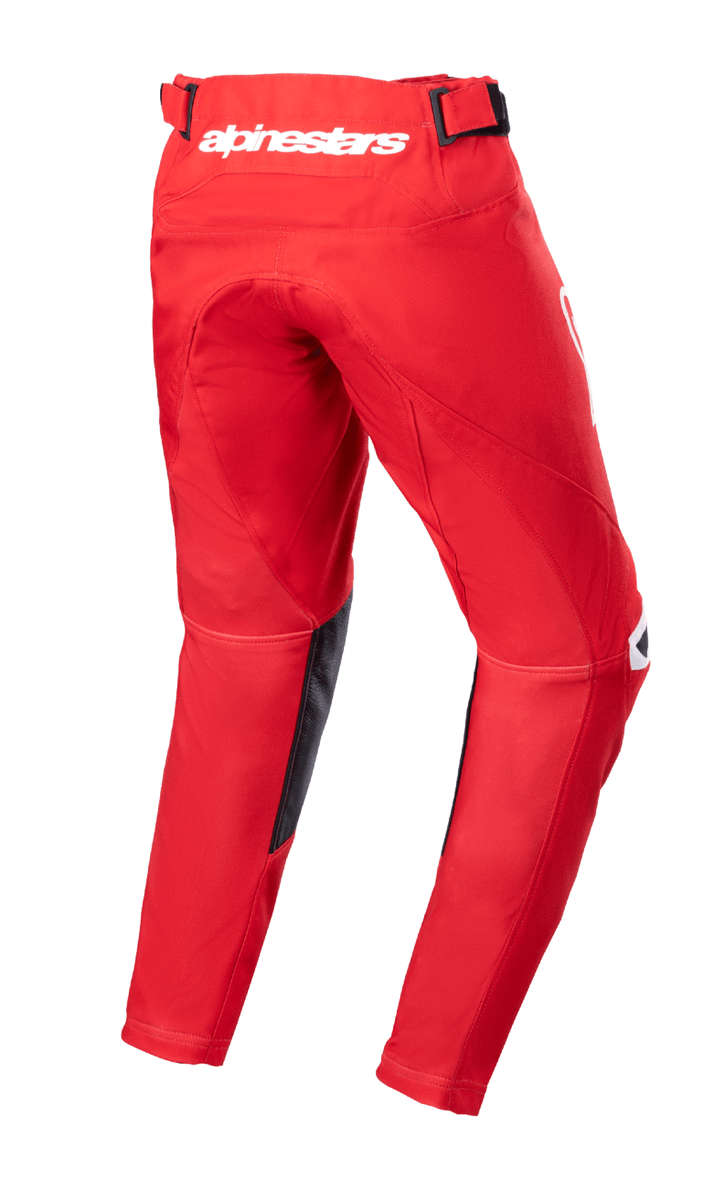 Alpinestars Youth 2023 Racer Narin byxor, motocrossbyxor, Mars Red och vit, vy bakifrån som visar vit Alpinestars-logotyp i midjan bak, svarta innerbenspaneler i läder, förböjd ergonomisk design för terrängkörning