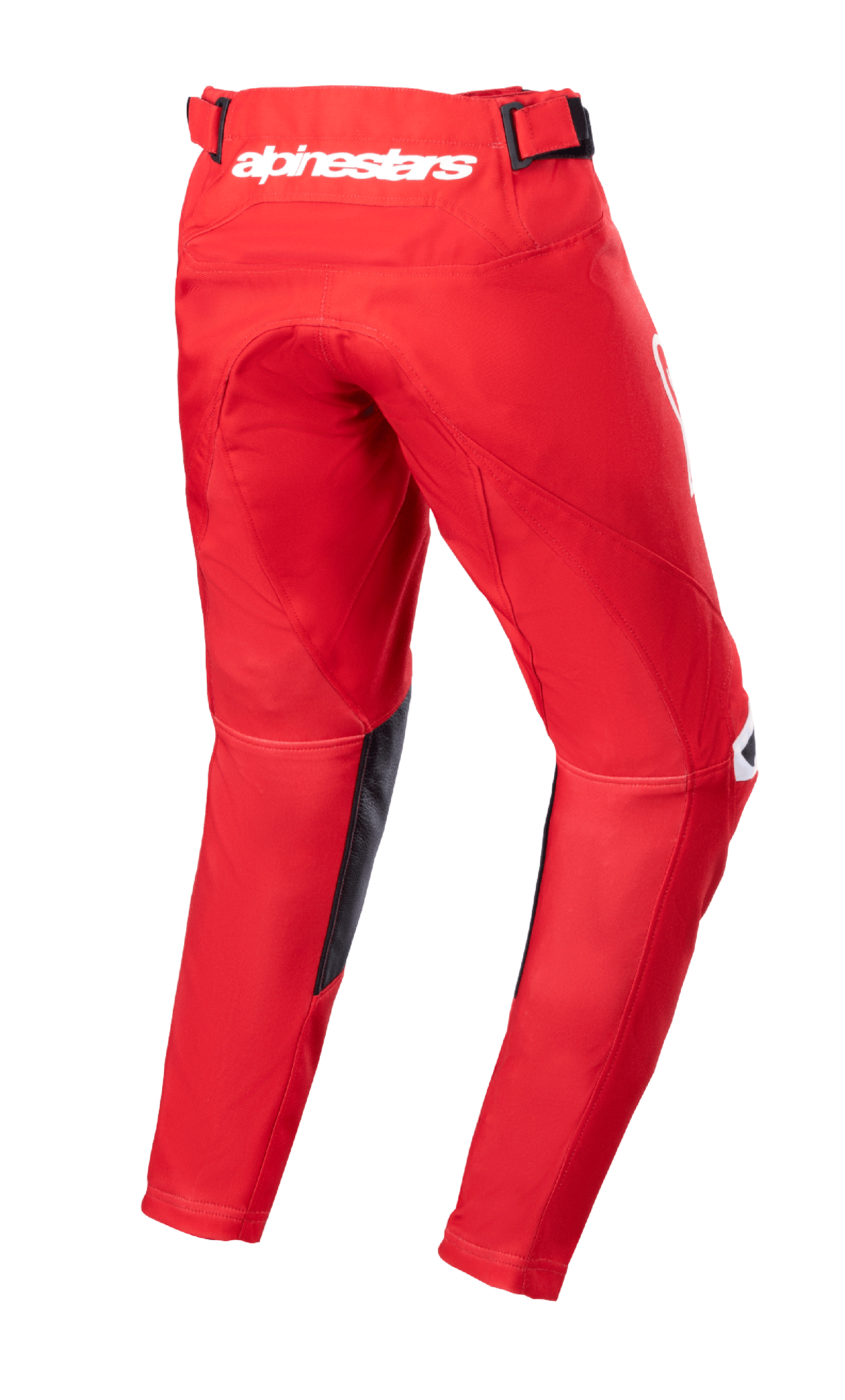 Alpinestars Youth 2023 Racer Narin byxor, motocrossbyxor, Mars Red och vit, vy bakifrån som visar vit Alpinestars-logotyp i midjan bak, svarta innerbenspaneler i läder, förböjd ergonomisk design för terrängkörning