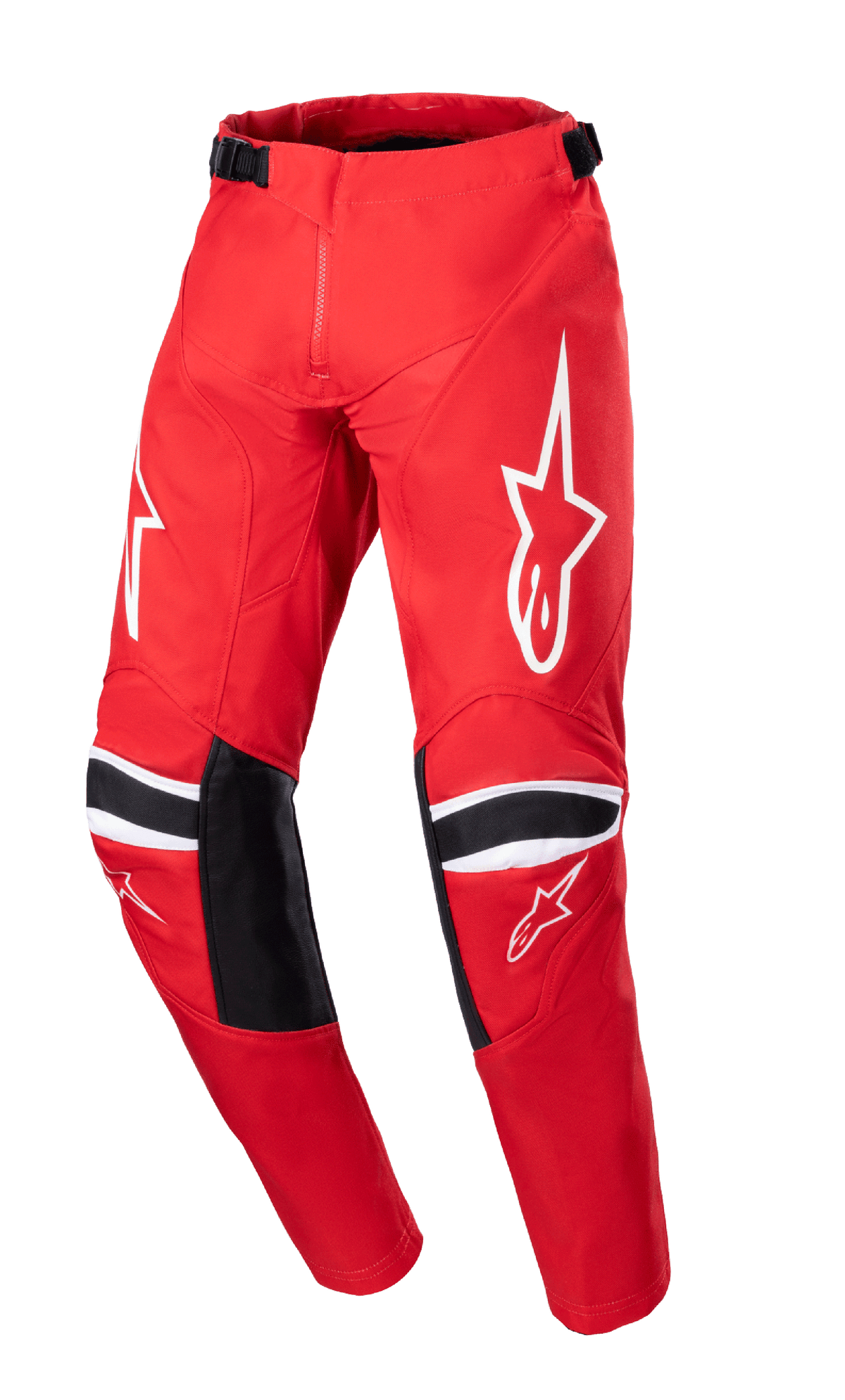 Alpinestars 2023 Racer Narin byxor för ungdom, motocrossbyxor, Mars Red och vit, med vita stjärnlogotyper på låren, svarta knäförstärkningspaneler med vita ränder, justerbara midjeremmar, hållbar design för offroad-racing