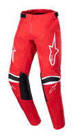 Alpinestars 2023 Racer Narin byxor för ungdom, motocrossbyxor, Mars Red och vit, med vita stjärnlogotyper på låren, svarta knäförstärkningspaneler med vita ränder, justerbara midjeremmar, hållbar design för offroad-racing