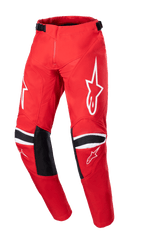Alpinestars 2023 Racer Narin byxor för ungdom, motocrossbyxor, Mars Red och vit, med vita stjärnlogotyper på låren, svarta knäförstärkningspaneler med vita ränder, justerbara midjeremmar, hållbar design för offroad-racing