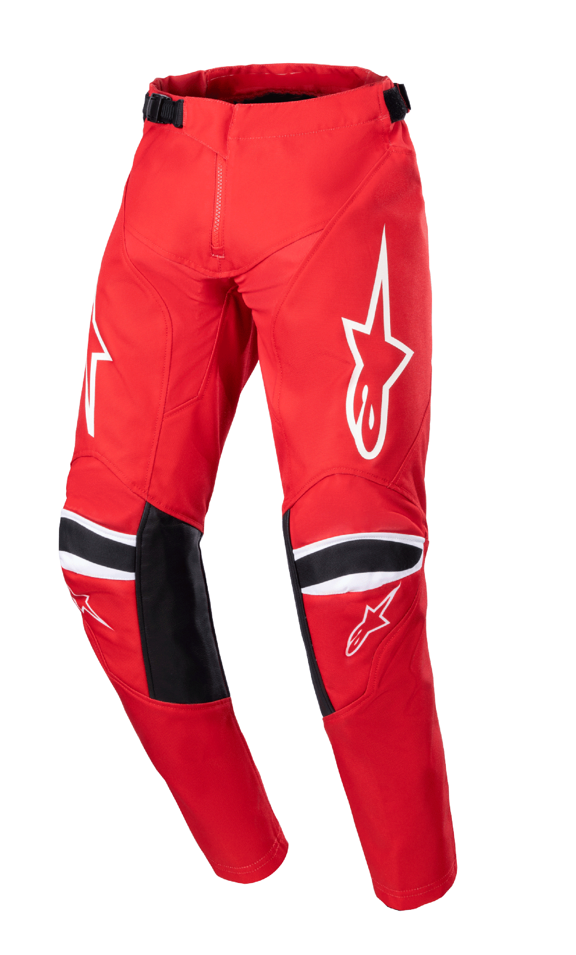 Alpinestars 2023 Racer Narin byxor för ungdom, motocrossbyxor, Mars Red och vit, med vita stjärnlogotyper på låren, svarta knäförstärkningspaneler med vita ränder, justerbara midjeremmar, hållbar design för offroad-racing