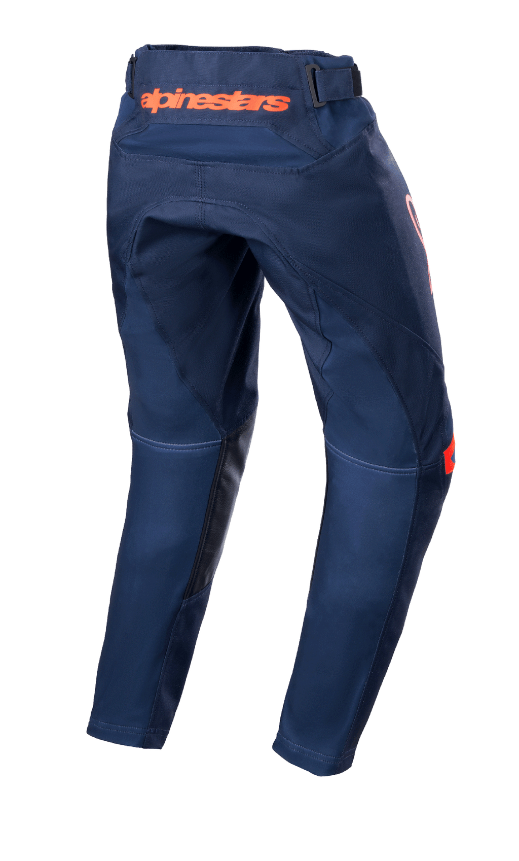 Alpinestars Youth 2023 Racer Narin-byxor, motocrossbyxor, Night Navy och Hot Orange, baksida som visar orange Alpinestars-logotyp i midjan och svarta läderförstärkningar på insidan av benen, slitstark textilkonstruktion för terrängkörning