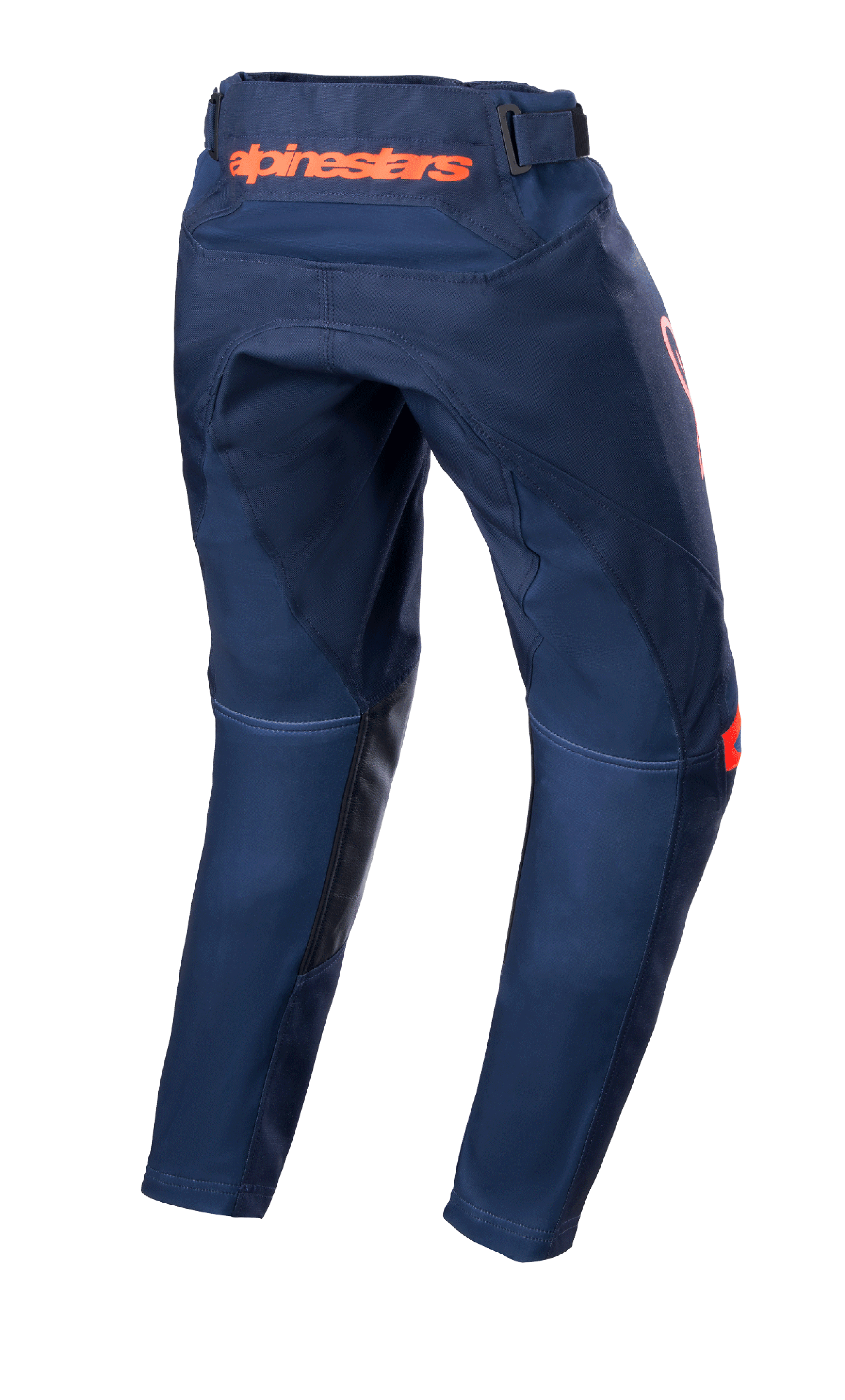 Alpinestars Youth 2023 Racer Narin-byxor, motocrossbyxor, Night Navy och Hot Orange, baksida som visar orange Alpinestars-logotyp i midjan och svarta läderförstärkningar på insidan av benen, slitstark textilkonstruktion för terrängkörning