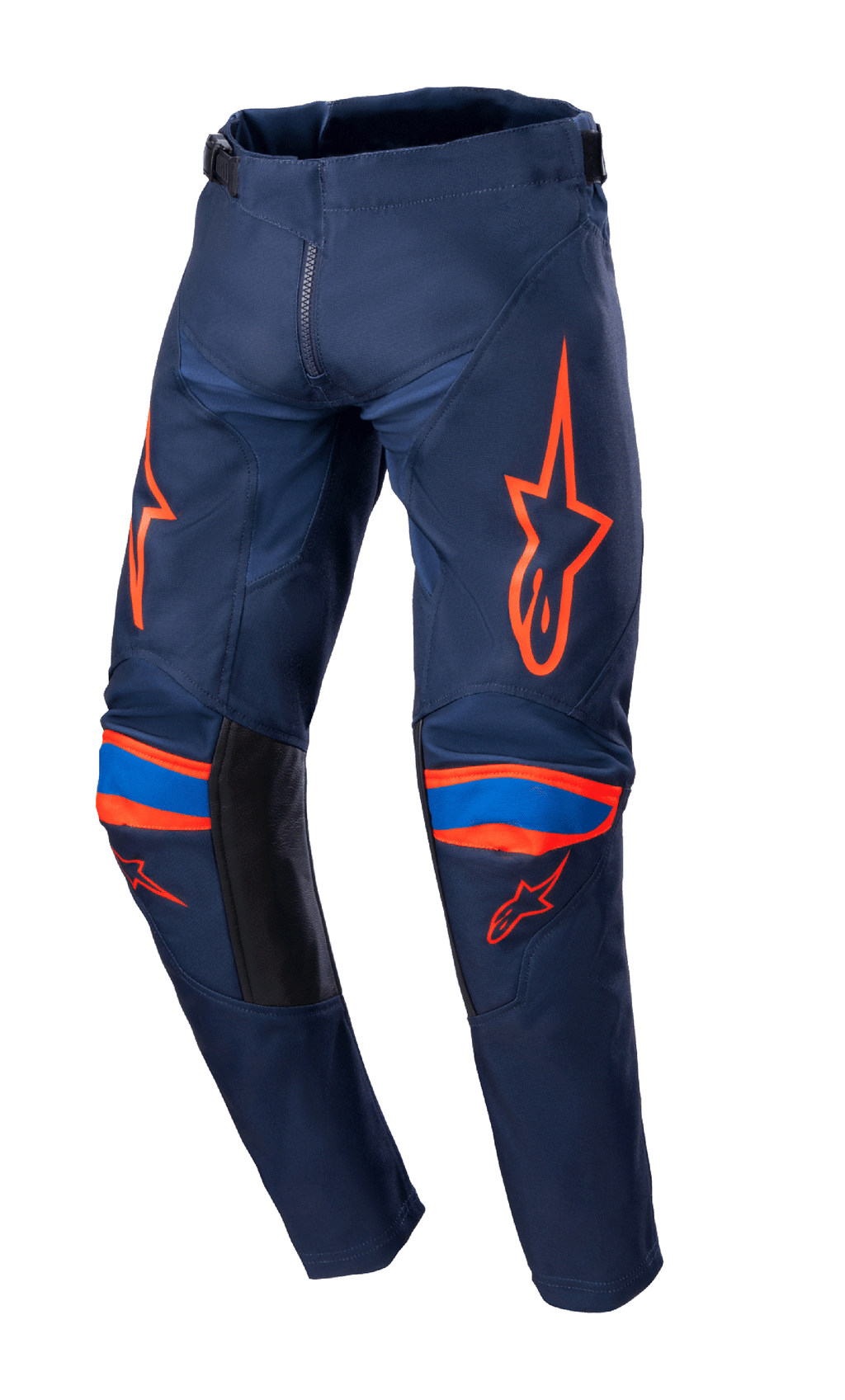 Alpinestars 2023 Youth Racer Narin byxor, motocrossbyxor, Night Navy och Hot Orange, med klarorange logotypgrafik på lår och knän, blå detaljer, svarta paneler på insidan av benen, slitstark textilkonstruktion för terrängkörning