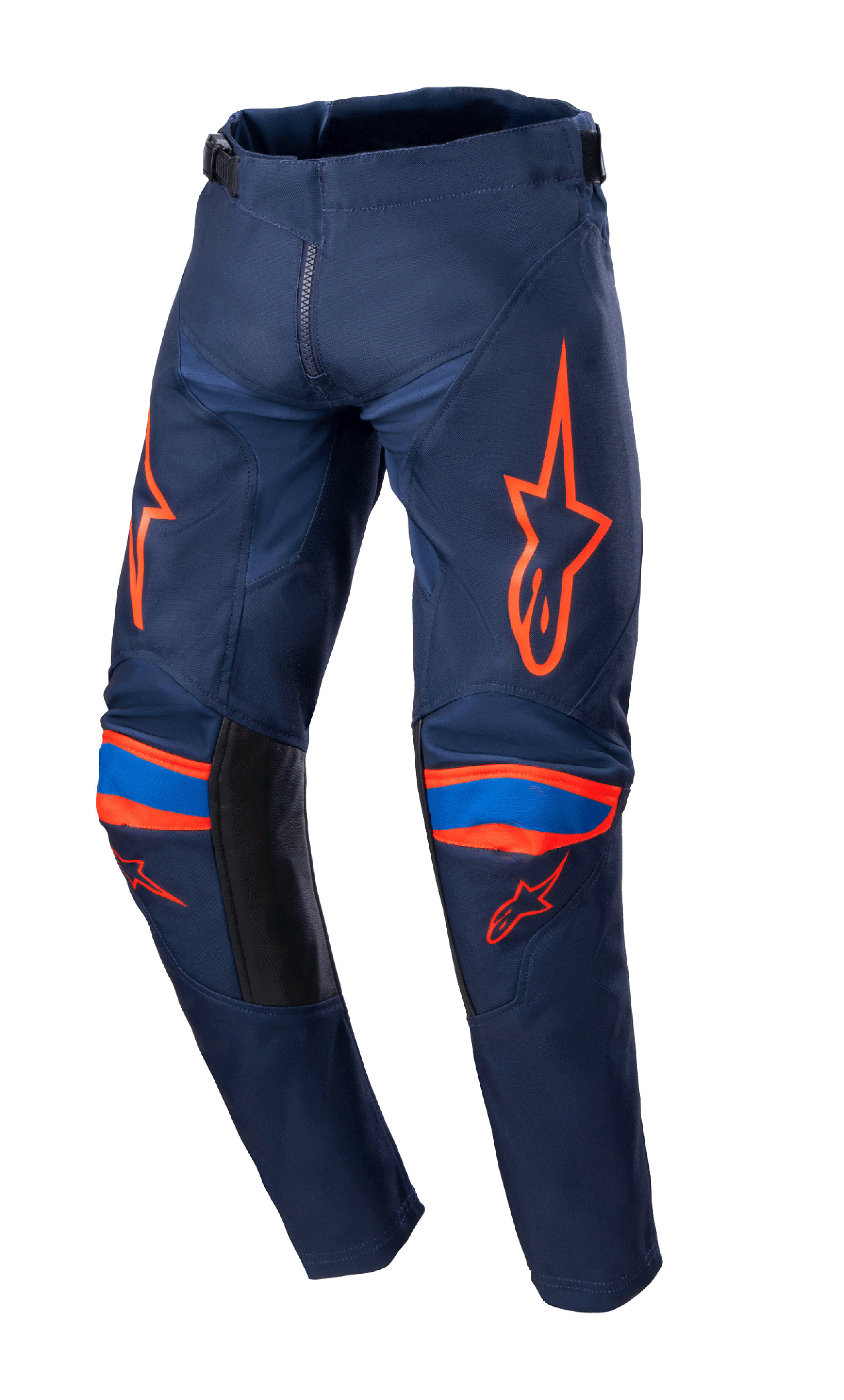 Alpinestars 2023 Youth Racer Narin byxor, motocrossbyxor, Night Navy och Hot Orange, med klarorange logotypgrafik på lår och knän, blå detaljer, svarta paneler på insidan av benen, slitstark textilkonstruktion för terrängkörning