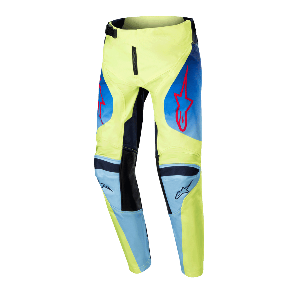 Alpinestars 2024 Youth Racer Hoen-byxor, motocrossbyxor, gul fluo och mörkblå, med röda Alpinestars-stjärnlogotyper, mörkblå paneler och svarta förstärkta knän, sportig design för terrängkörning
