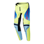 Alpinestars 2024 Youth Racer Hoen-byxor, motocrossbyxor, gul fluo och mörkblå, med röda Alpinestars-stjärnlogotyper, mörkblå paneler och svarta förstärkta knän, sportig design för terrängkörning