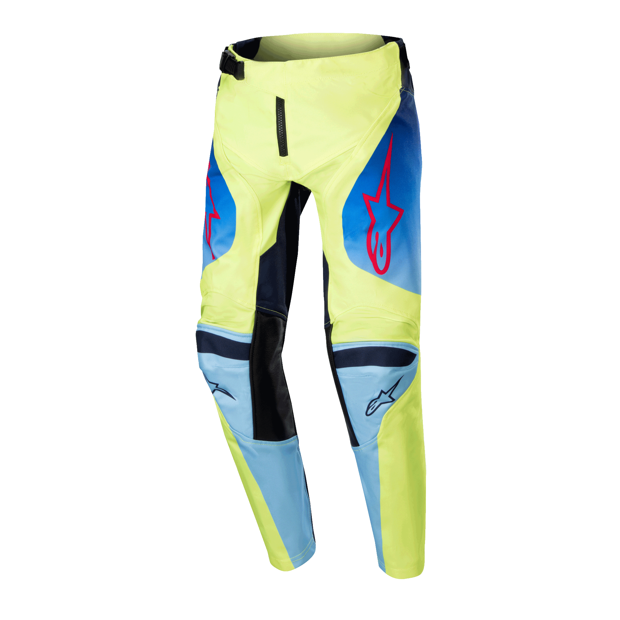 Alpinestars 2024 Youth Racer Hoen-byxor, motocrossbyxor, gul fluo och mörkblå, med röda Alpinestars-stjärnlogotyper, mörkblå paneler och svarta förstärkta knän, sportig design för terrängkörning