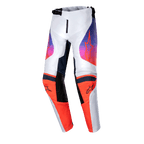 Alpinestars 2024 Youth Racer Hoen Pants, Motocross Pants, Light Gray Hot Orange and Black, featuring vibrant orange knee panels with black logos and gradient purple-to-orange thigh graphics, ergonomic pre-curved design for off-road racing
