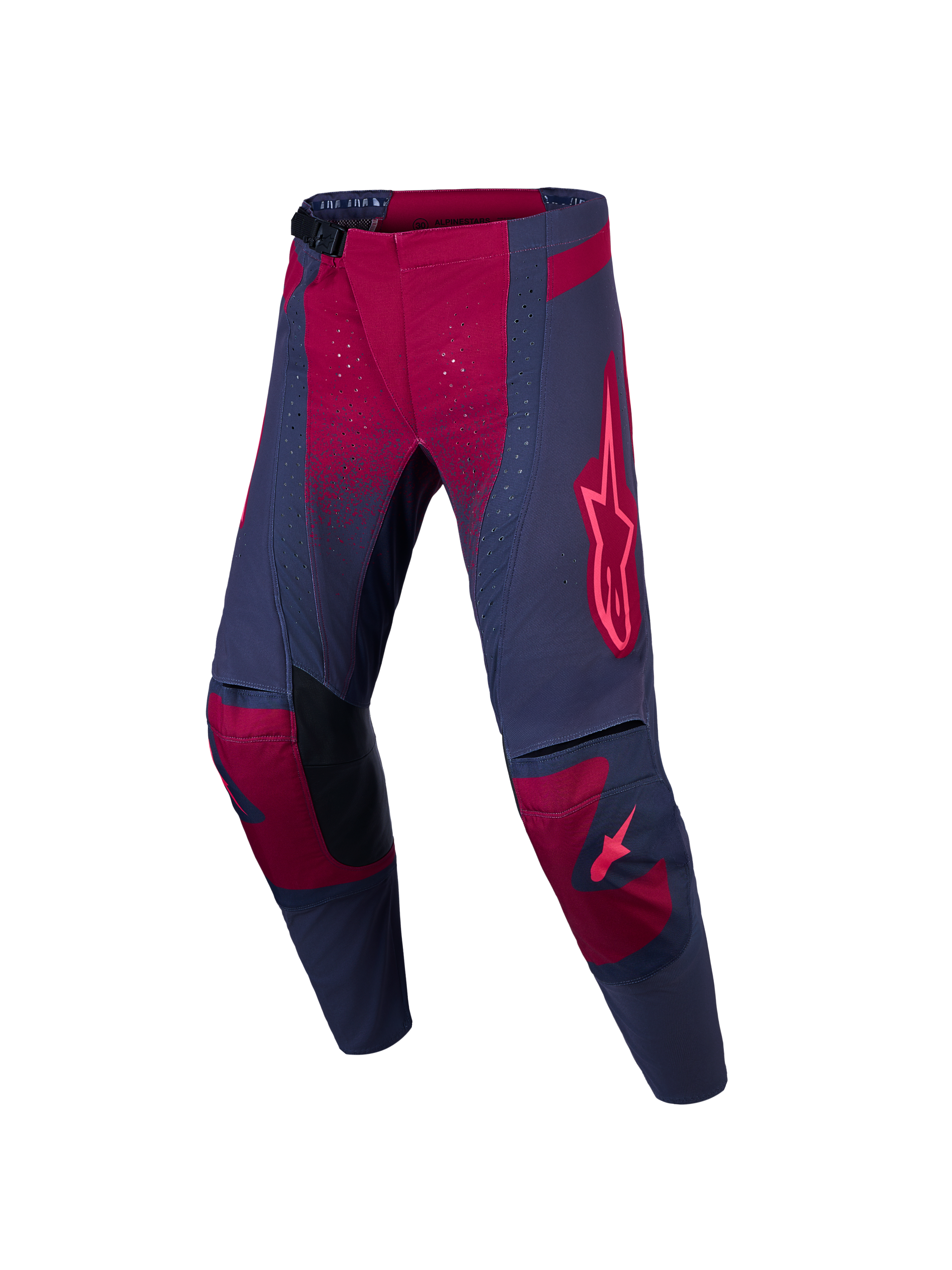 Alpinestars Stella Techstar Swan byxor, motocrossbyxor för dam, grå och röda med perforerade paneler för luftflöde.