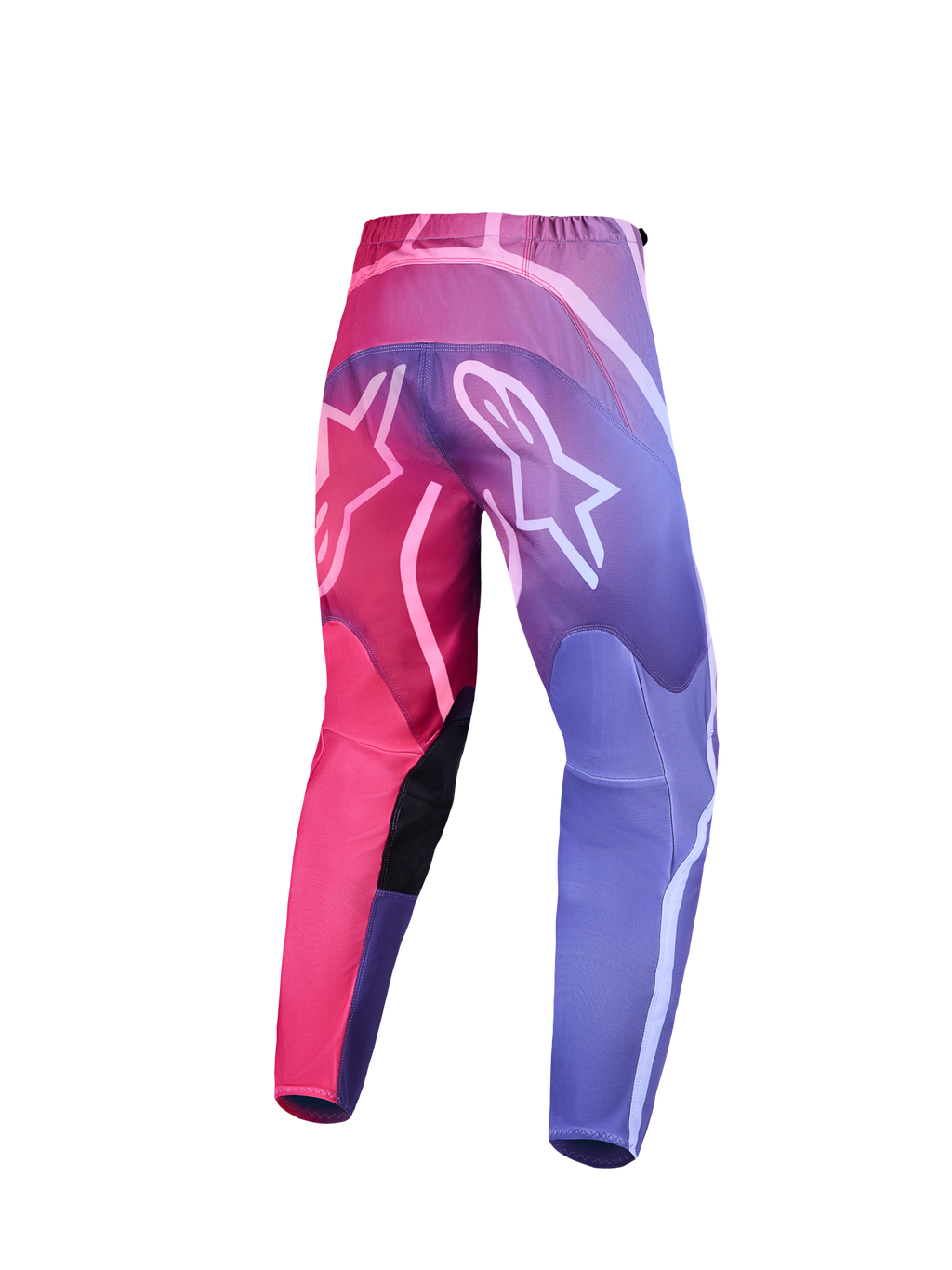Alpinestars Stella Fluid Kepler motocrossbyxor för dam, rosa och lila färgtoning, vy bakifrån med vita Astars-logotyper.